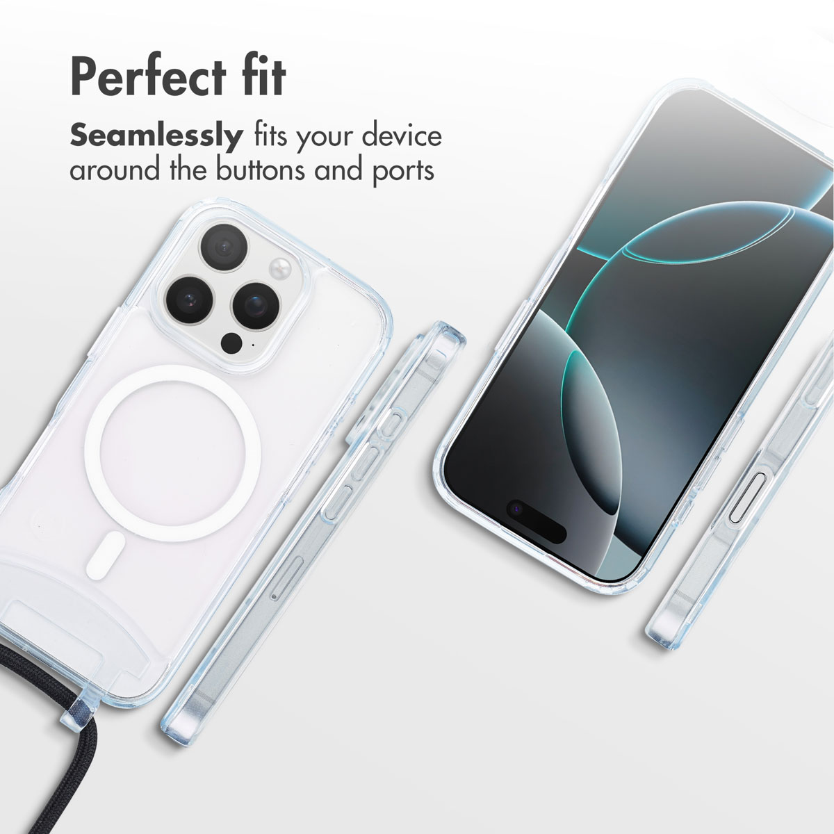 Funda transparente para móvil con anillo MagSafe y cordón negro, vista frontal y trasera.
