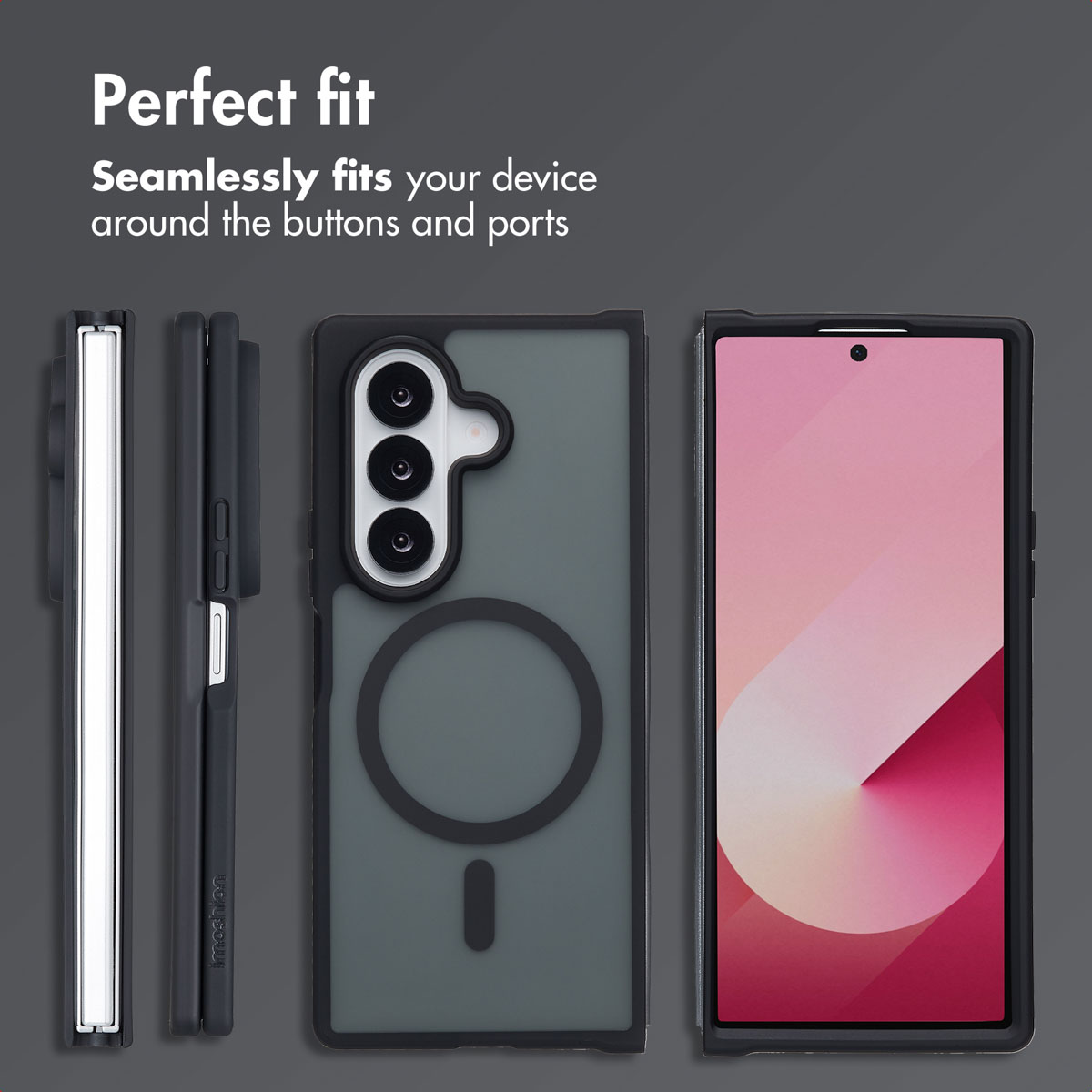 Una custodia per smartphone vista da diverse angolazioni su sfondo grigio, con testo sulla vestibilità perfetta.