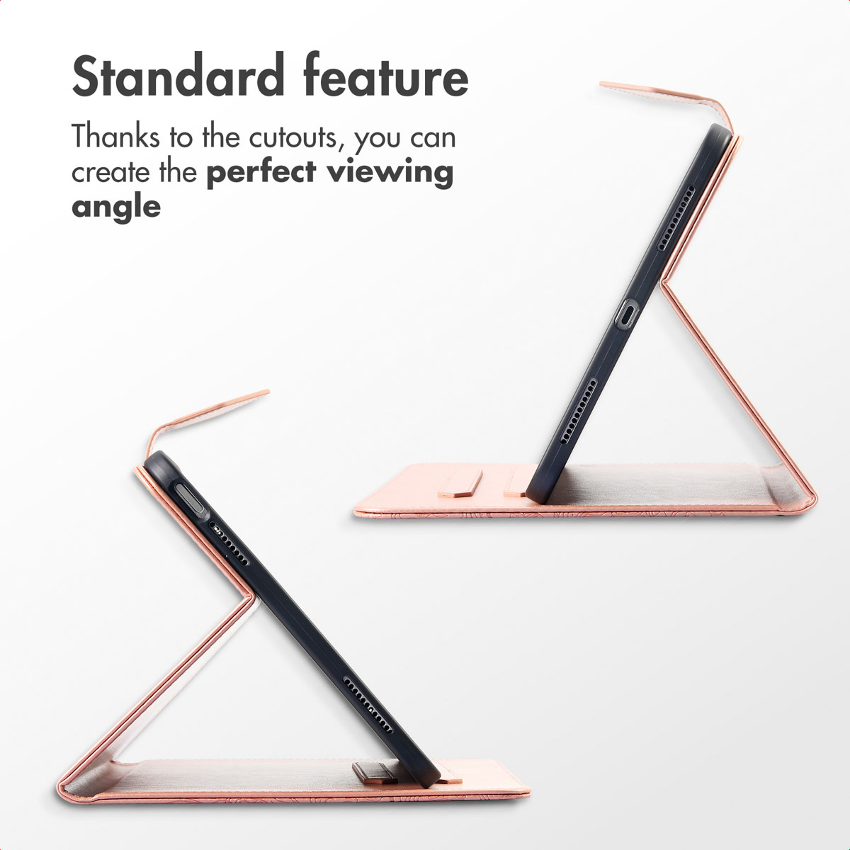 Deux tablettes noires dans des étuis or rose montrant différents angles de vue sur fond blanc.