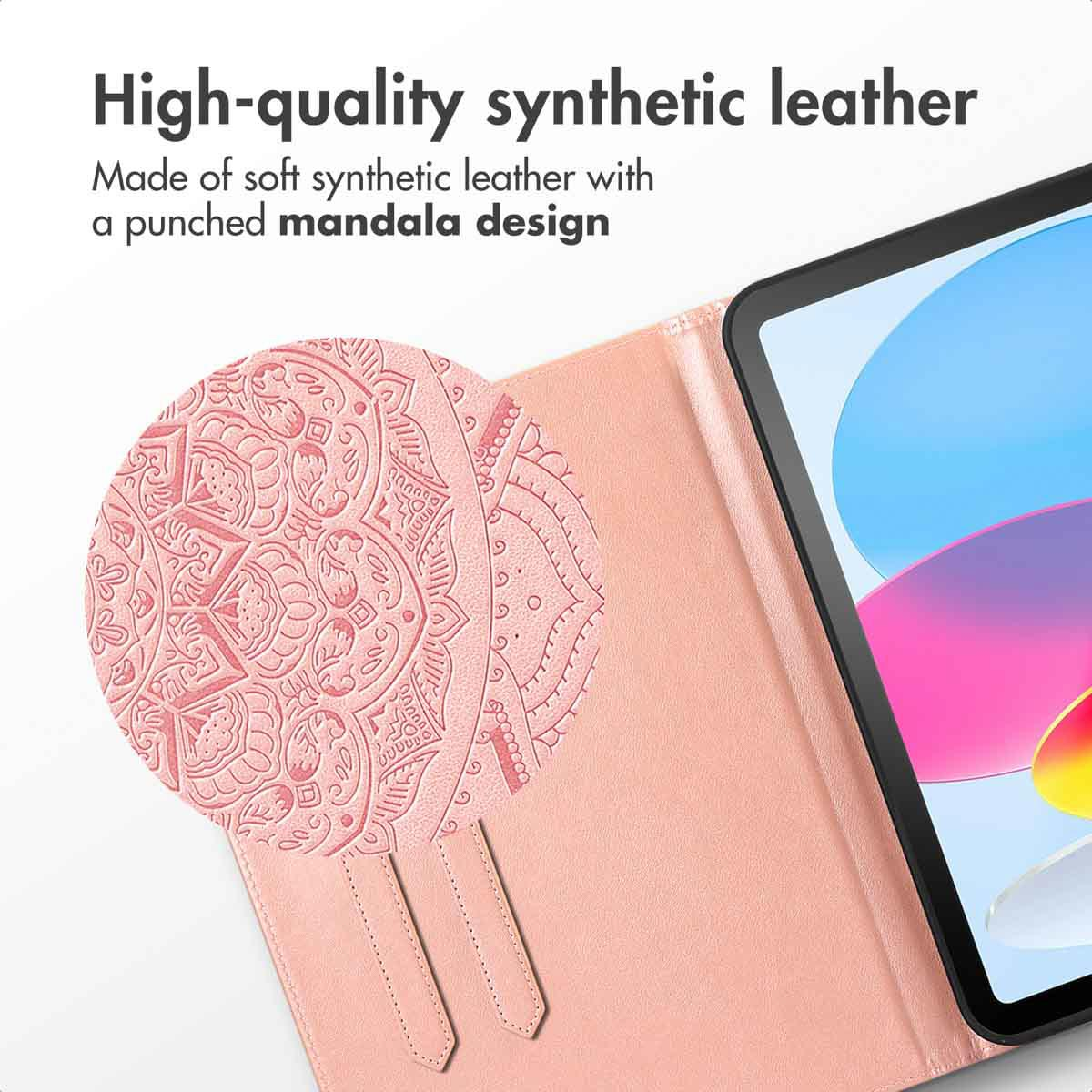 Étui de tablette en cuir synthétique rose avec mandala et porte-stylo.