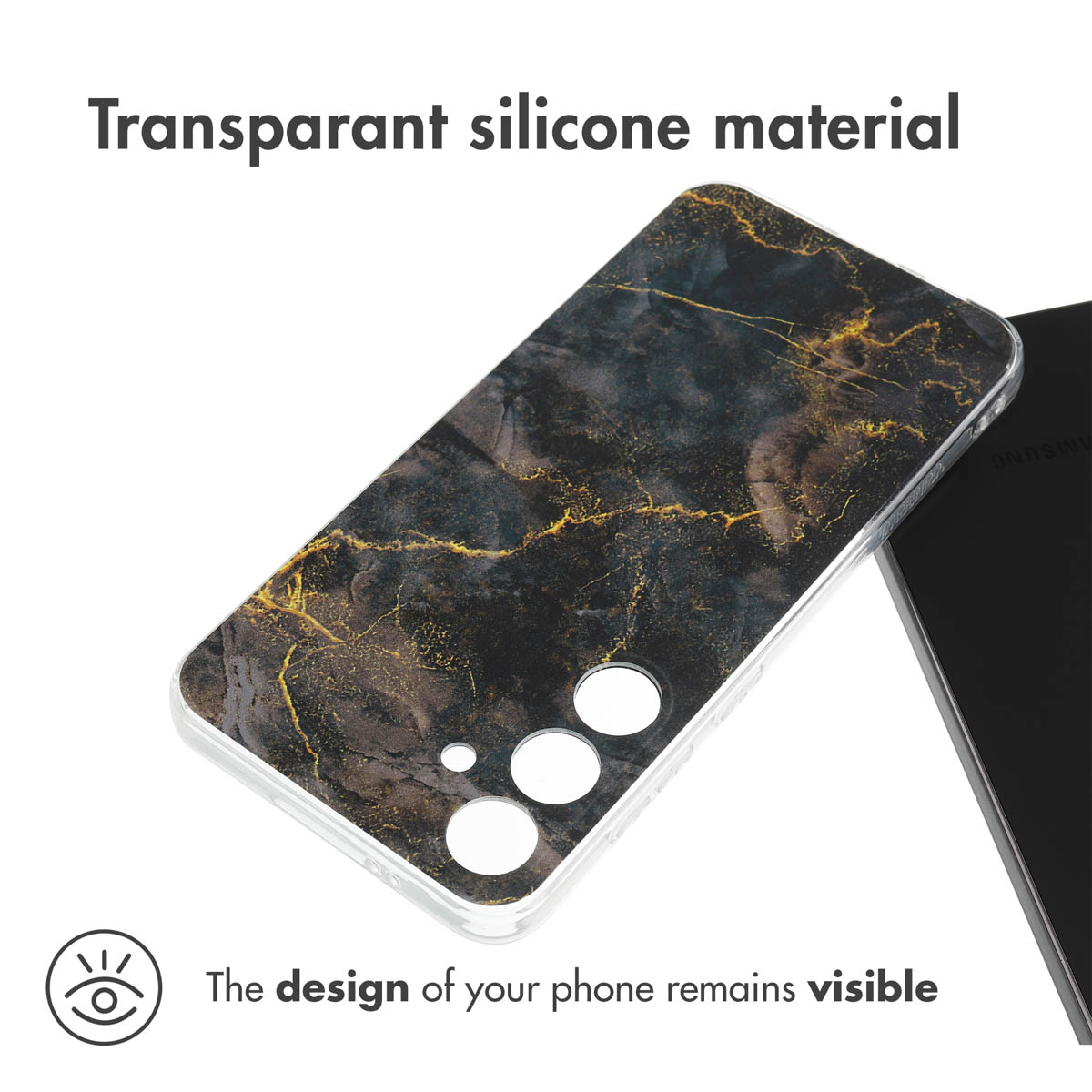 Funda de silicona transparente con diseño de mármol negro y dorado en un smartphone.