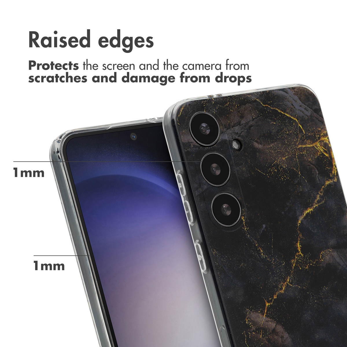 Primer plano de una funda de teléfono con bordes elevados de 1 mm que protegen la pantalla y la cámara.
