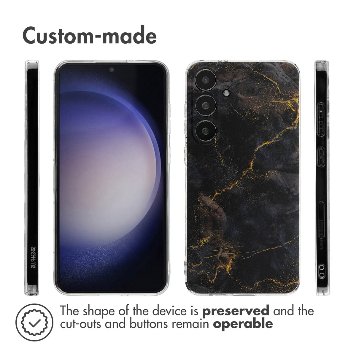 Varias vistas de una funda de teléfono a medida con diseño de mármol negro con vetas doradas.