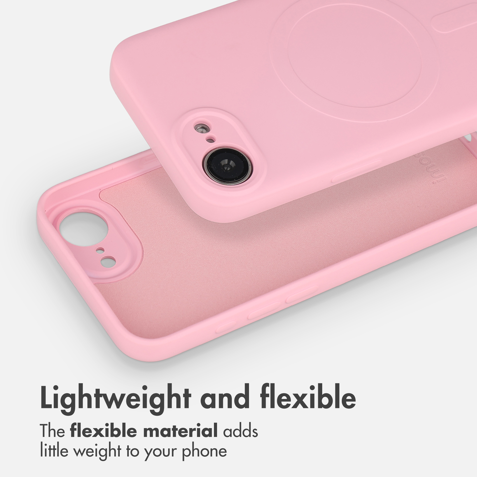 Deux coques de téléphone en silicone rose sur fond blanc avec du texte promotionnel.