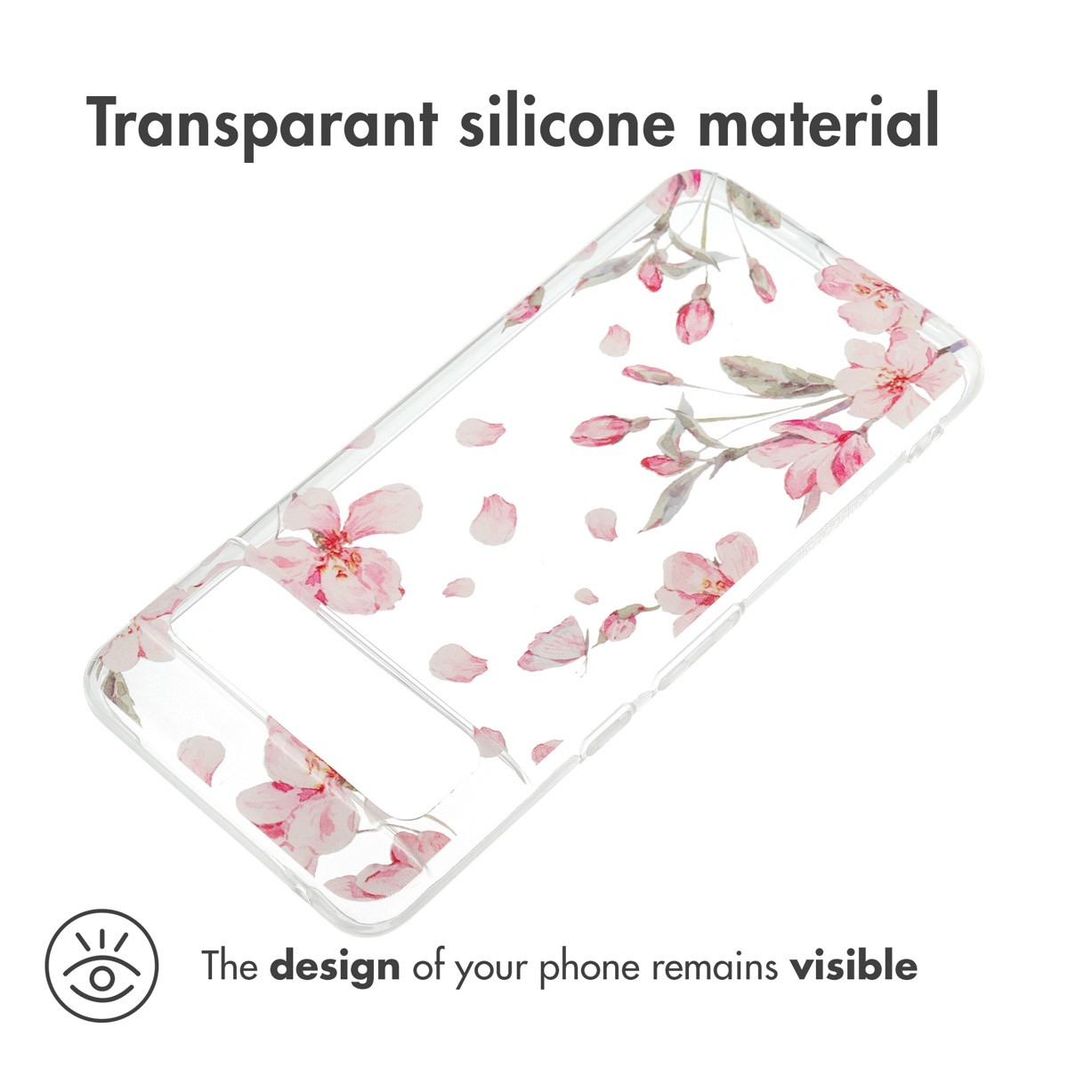 Transparente Silikon-Handyhülle mit rosafarbenem Kirschblüten-Muster auf weißem Hintergrund und erklärendem Text.