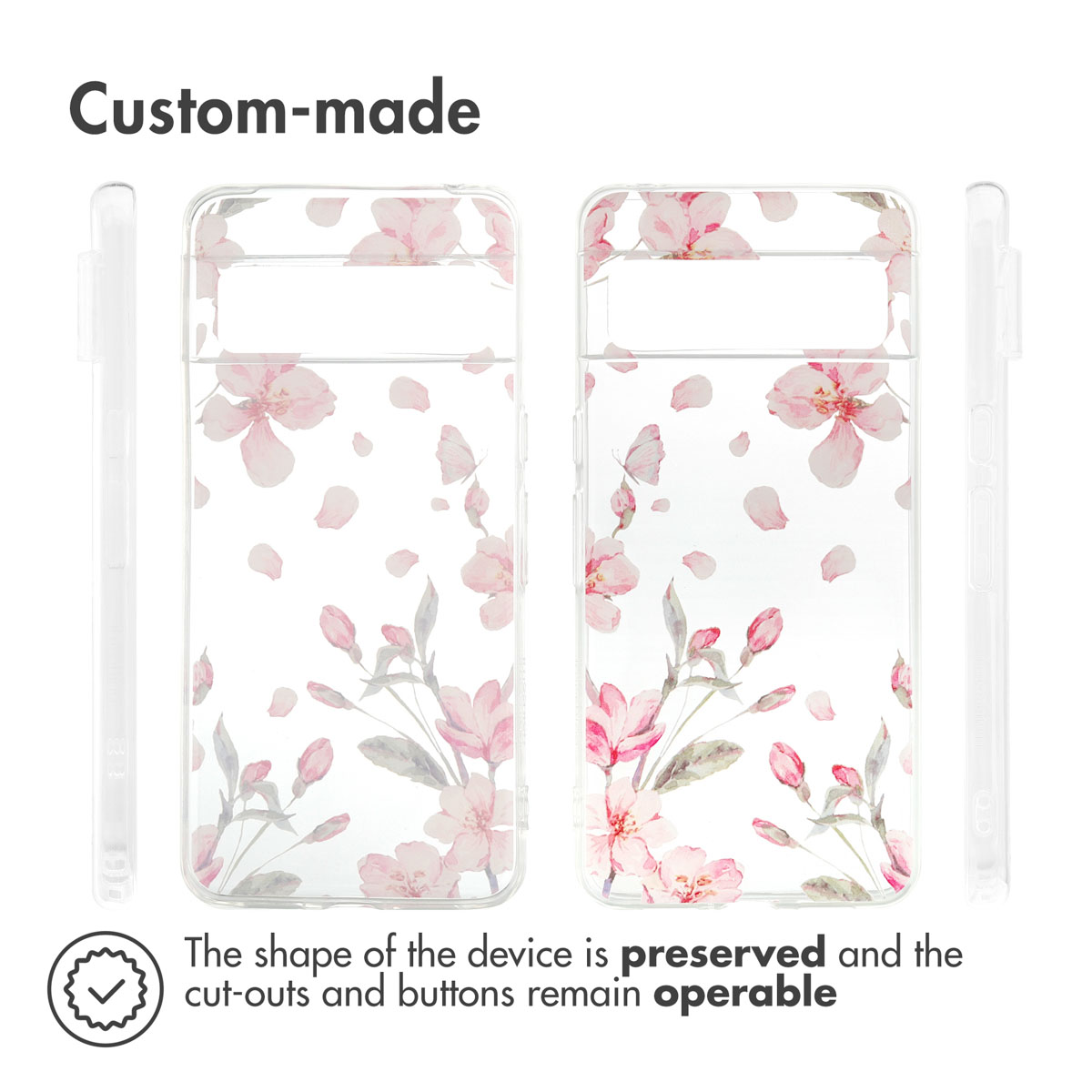 Transparente Handysülle mit rosa Kirschblüten, Vorder-, Rück- und Seitenansicht auf weißem Hintergrund.