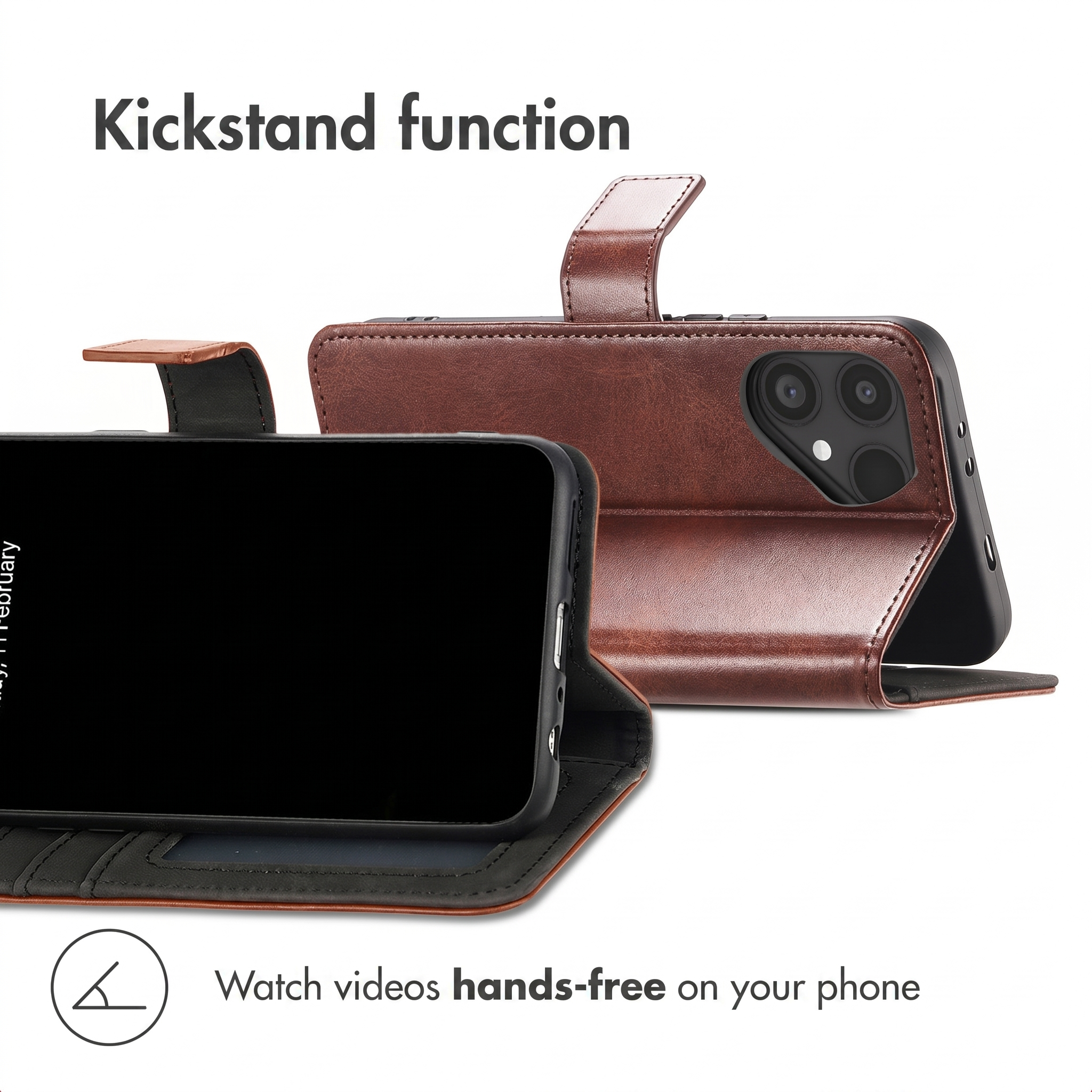 Bruine lederen telefoonhoes met ingebouwde standaard voor handenvrij videokijken.