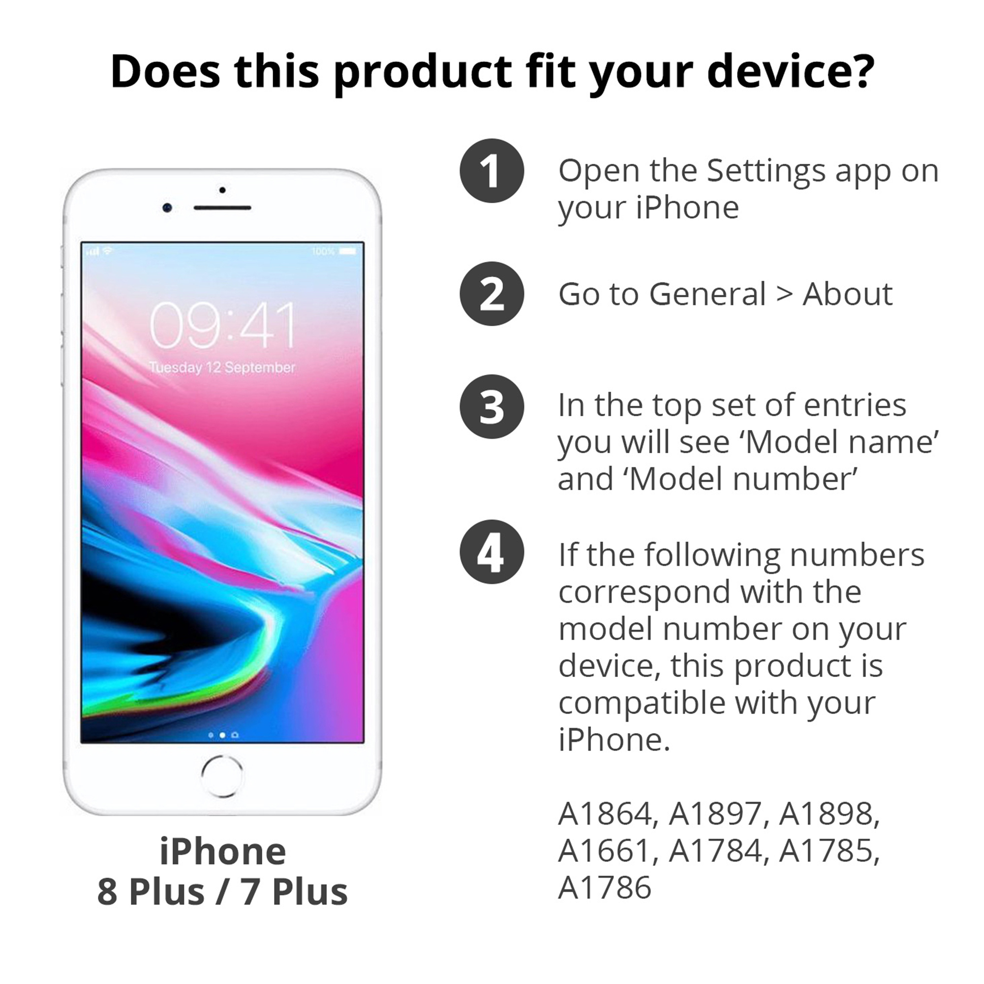 Instrucciones para encontrar el número de modelo de iPhone con lista compatible para iPhone 8 Plus y 7 Plus.