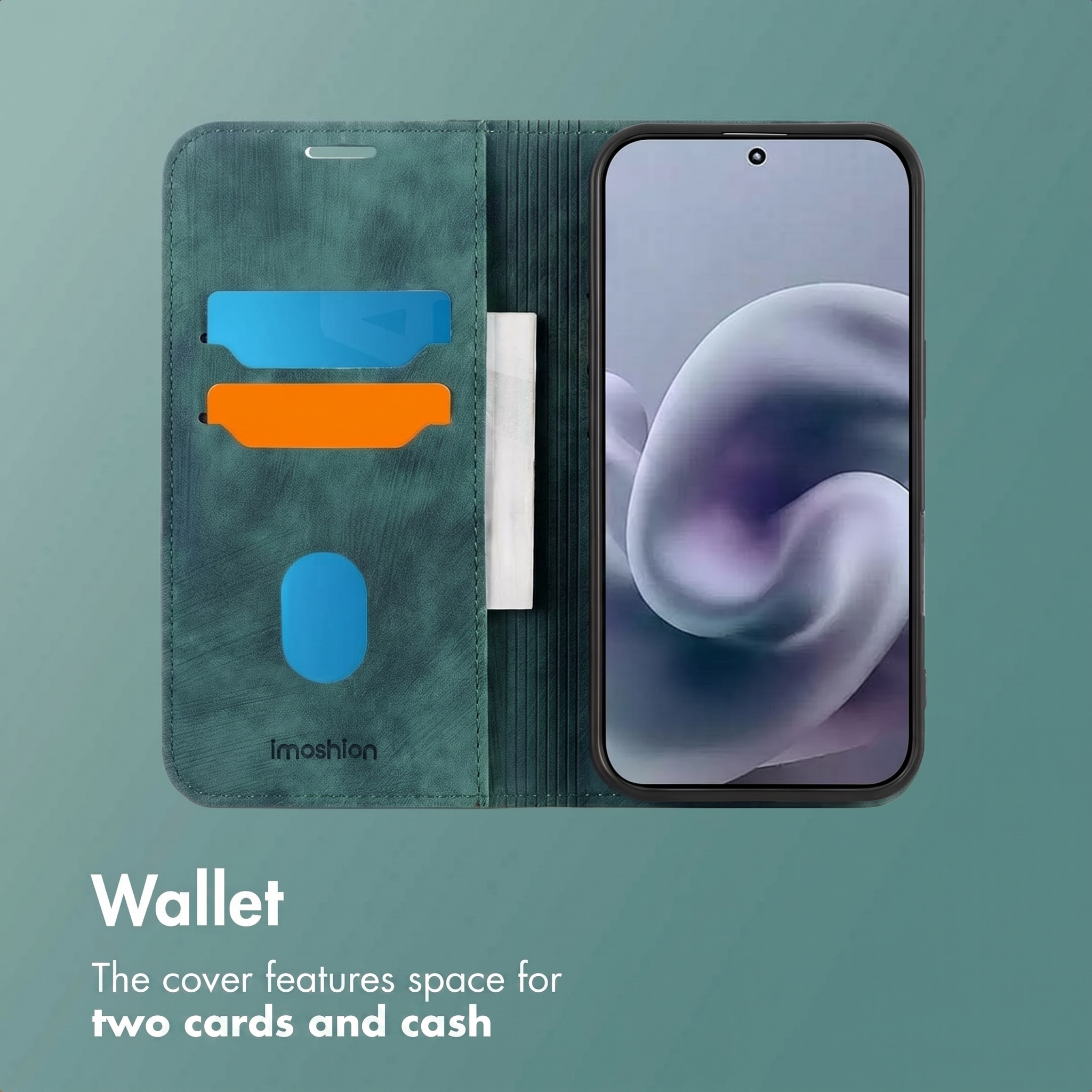 Custodia a portafoglio verde per telefono con due fessure per carte, tasca per contanti e uno smartphone.