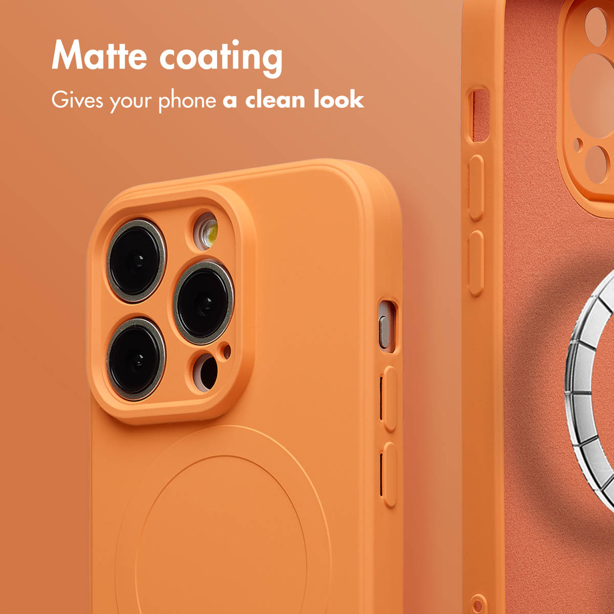 Una funda de teléfono naranja mate con triple cámara sobre fondo naranja. El texto dice Matte coating.