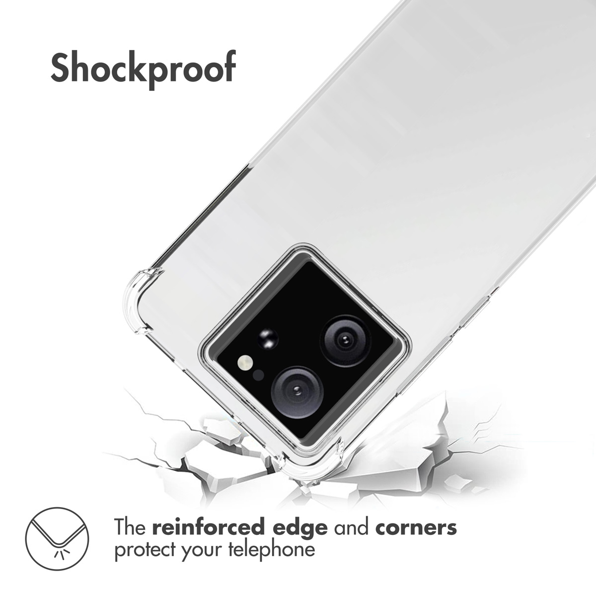 Funda transparente para móvil con esquinas reforzadas sobre una superficie agrietada y texto Shockproof.
