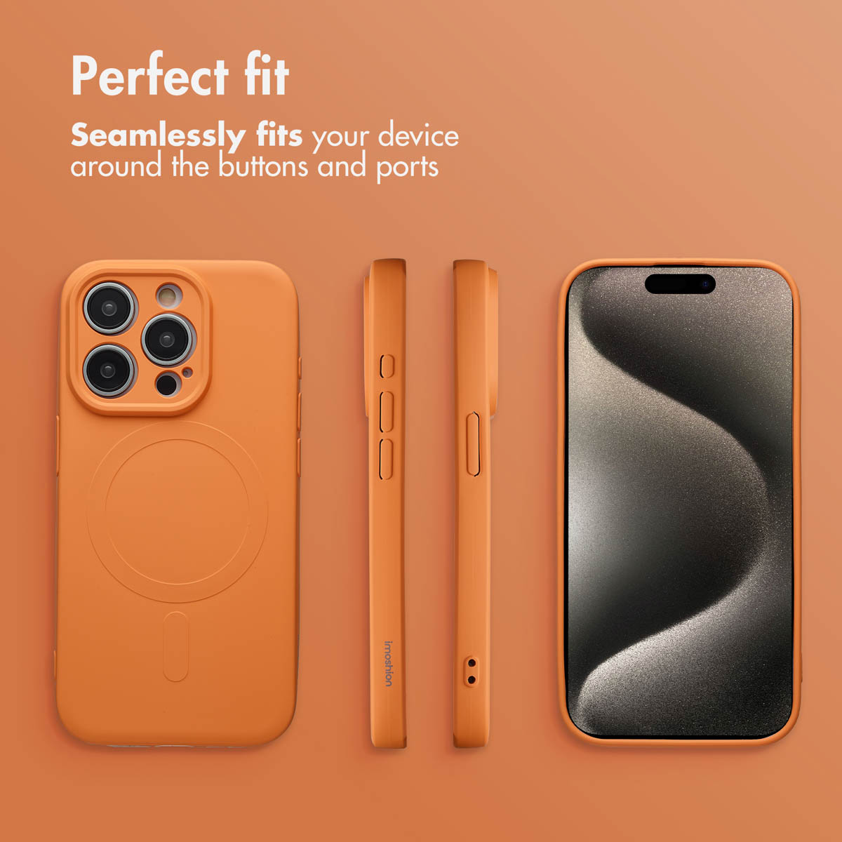 Funda de teléfono naranja mostrada en cuatro ángulos sobre un fondo naranja con texto.