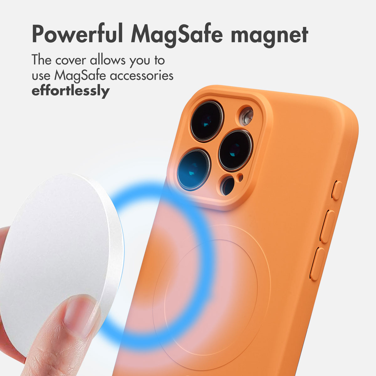 Una funda de smartphone naranja con función MagSafe y soporte.