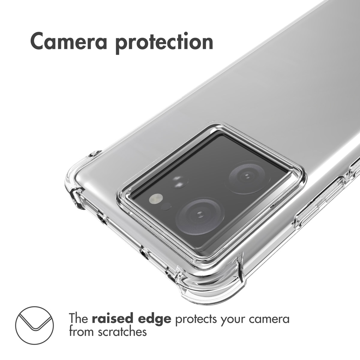 Una funda transparente para móvil con bordes elevados para proteger la cámara.