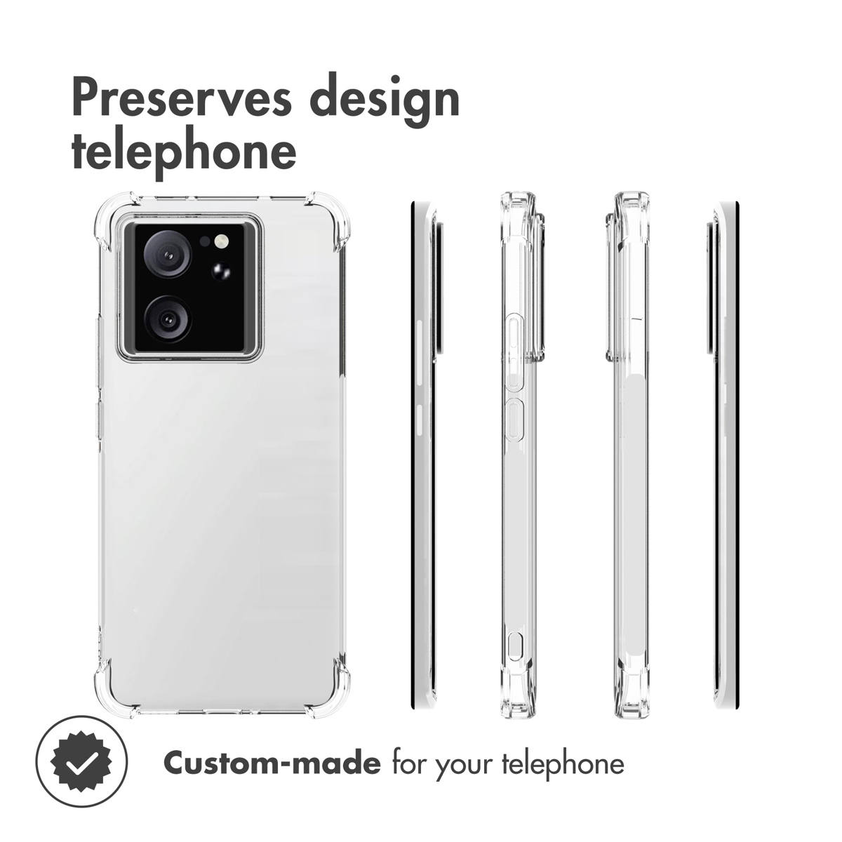 Funda protectora transparente mostrada desde varios ángulos con texto.