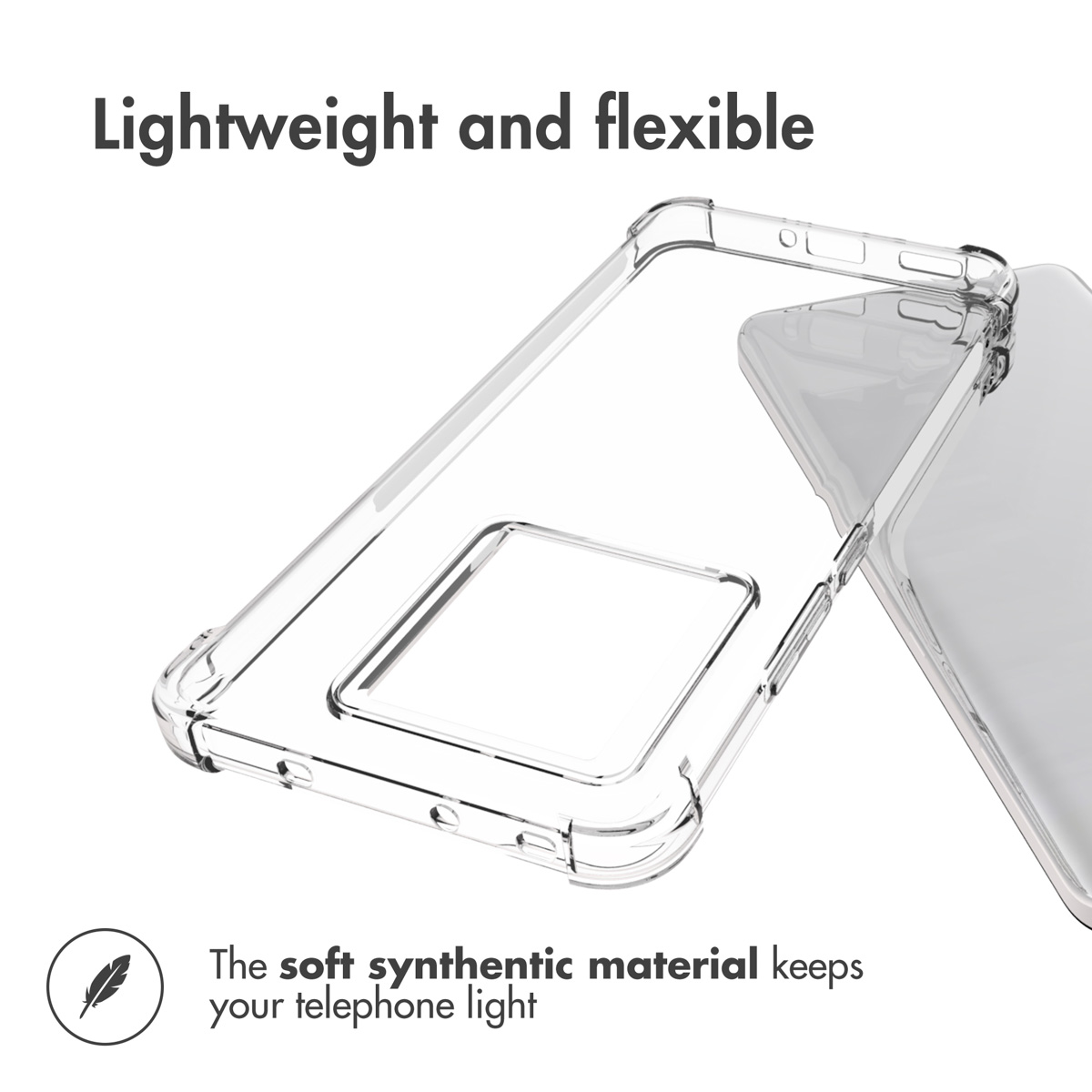 Una funda de móvil transparente y flexible junto a un teléfono, con texto que indica que es ligera y de material sintético.