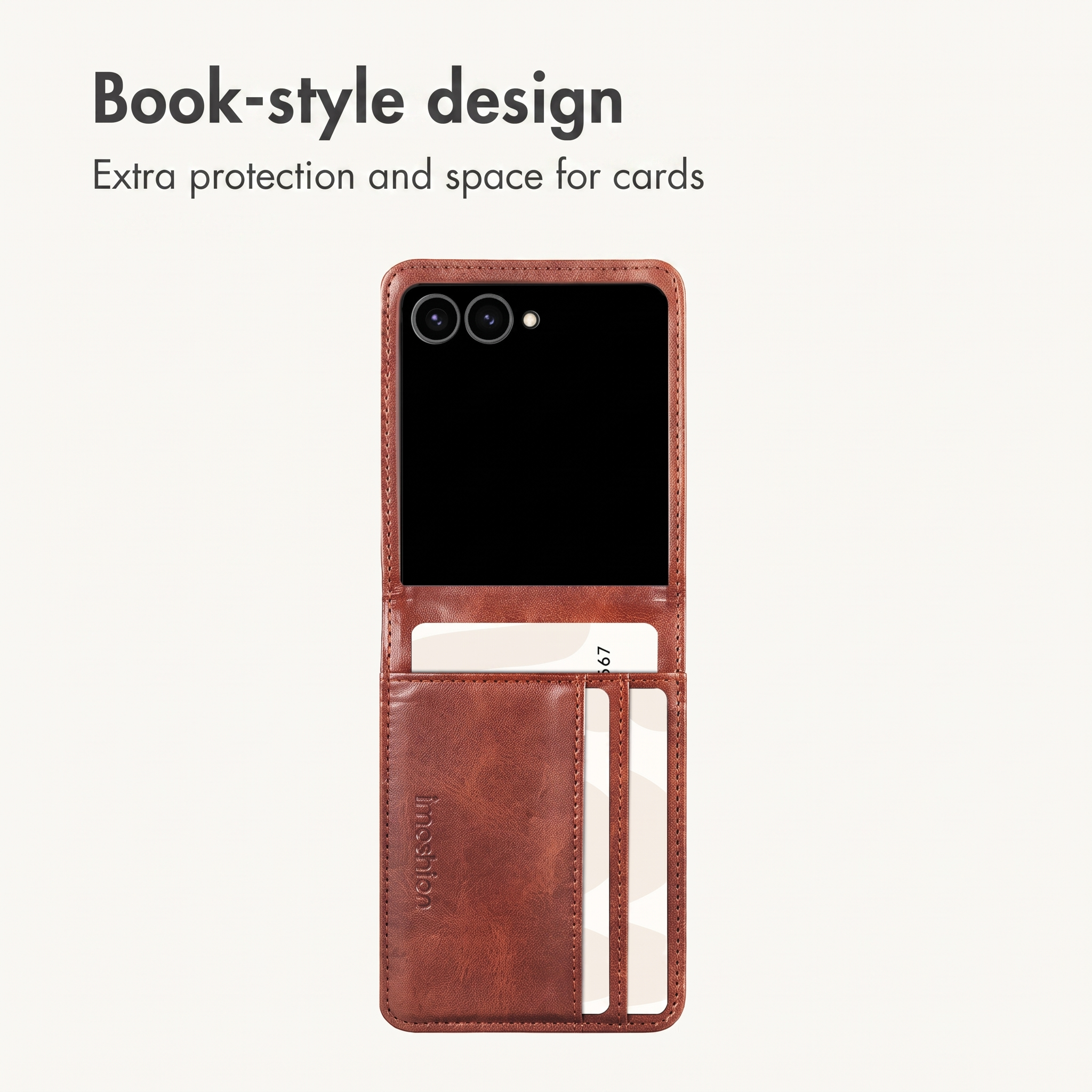 Étui de téléphone marron en cuir avec fentes pour cartes et texte.