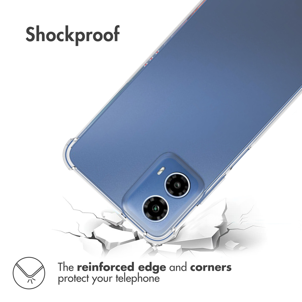 Ein blaues Smartphone mit transparenter Hülle auf zerbrochenem weißem Grund zeigt den Kantenschutz.