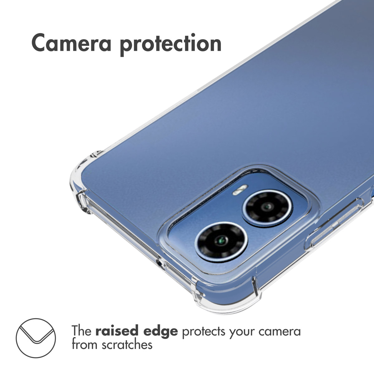 Nahaufnahme eines blauen Smartphones in klarer Hülle mit erhöhtem Rand zum Kameraschutz.