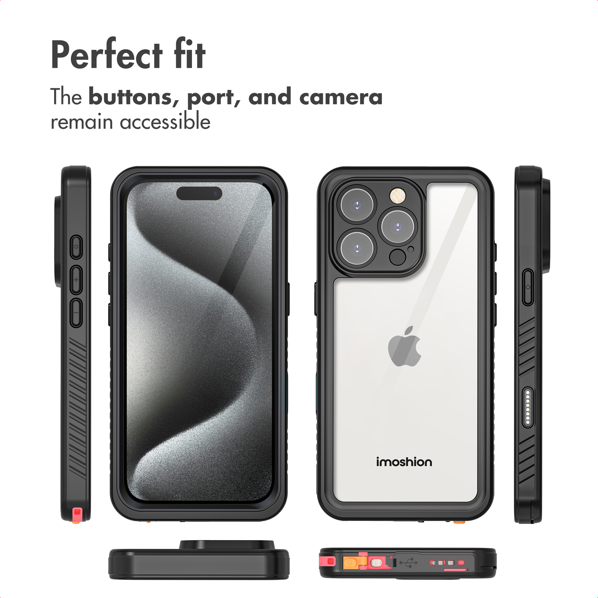 Coque de protection noire pour téléphone présentée sous plusieurs angles, mettant en valeur l'accès aux boutons.