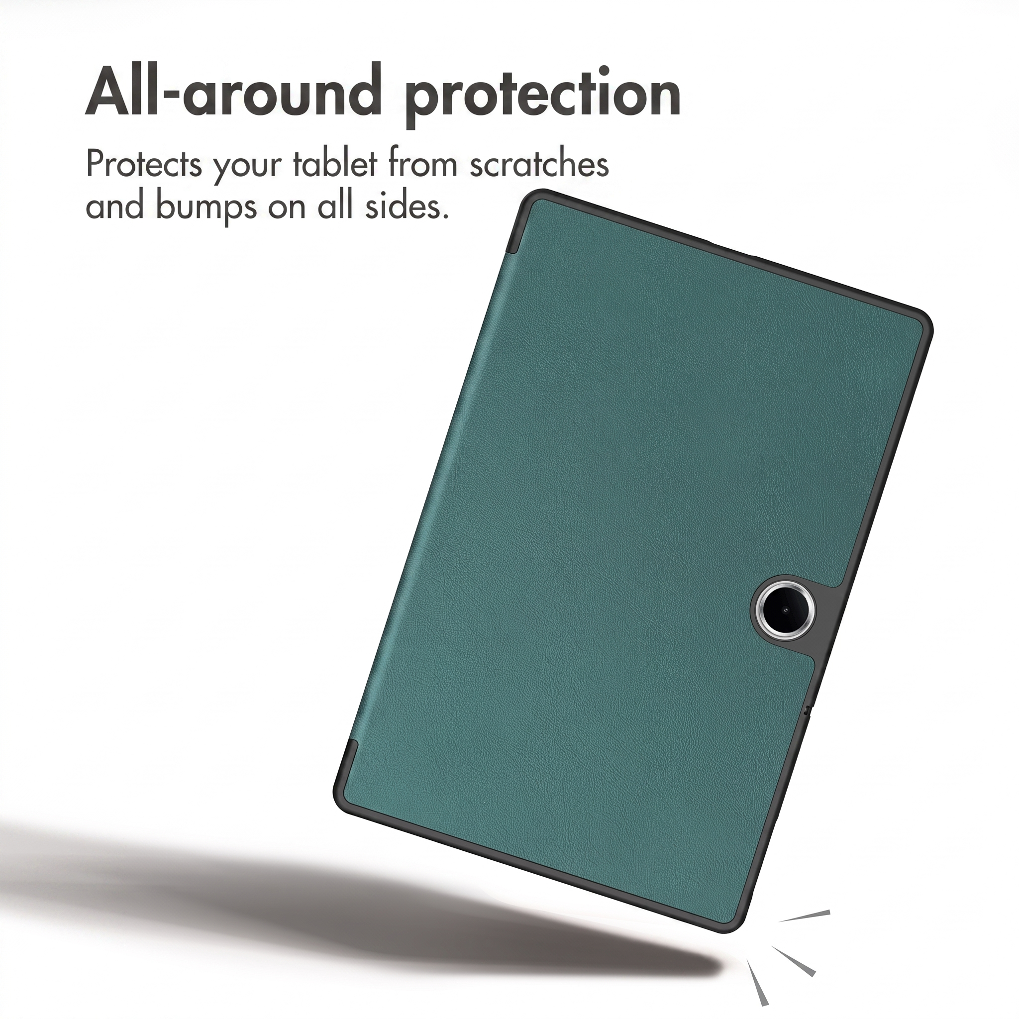 A turquoise tablet case with a camera cutout on a white background.