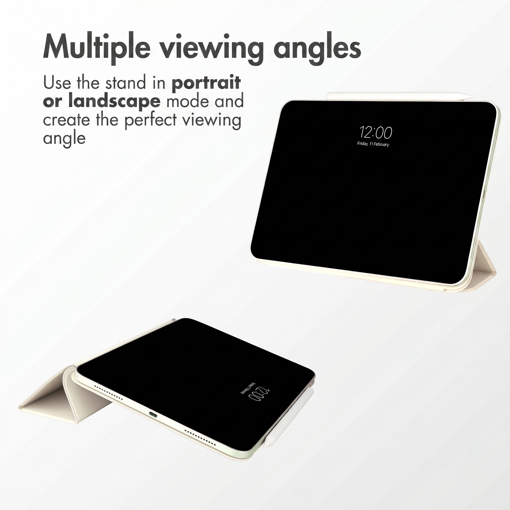 Two tablets shown with stands at different angles, with text about multiple viewing angles.