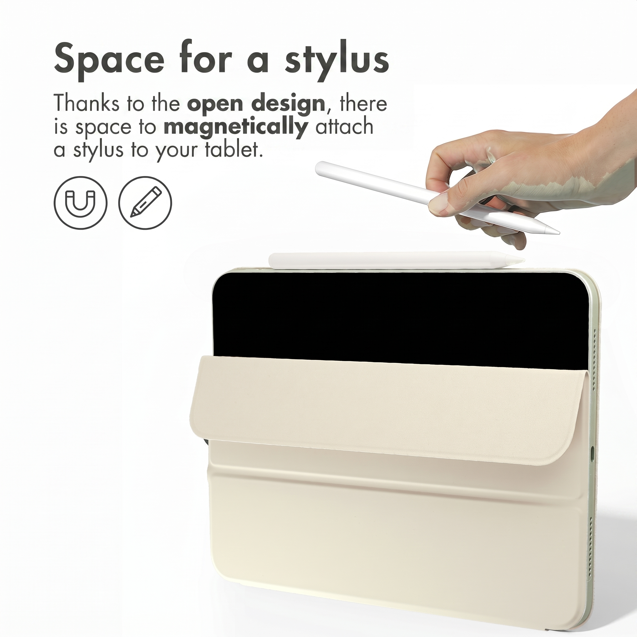 A hand attaches a white stylus magnetically to the top of a tablet in a beige case.