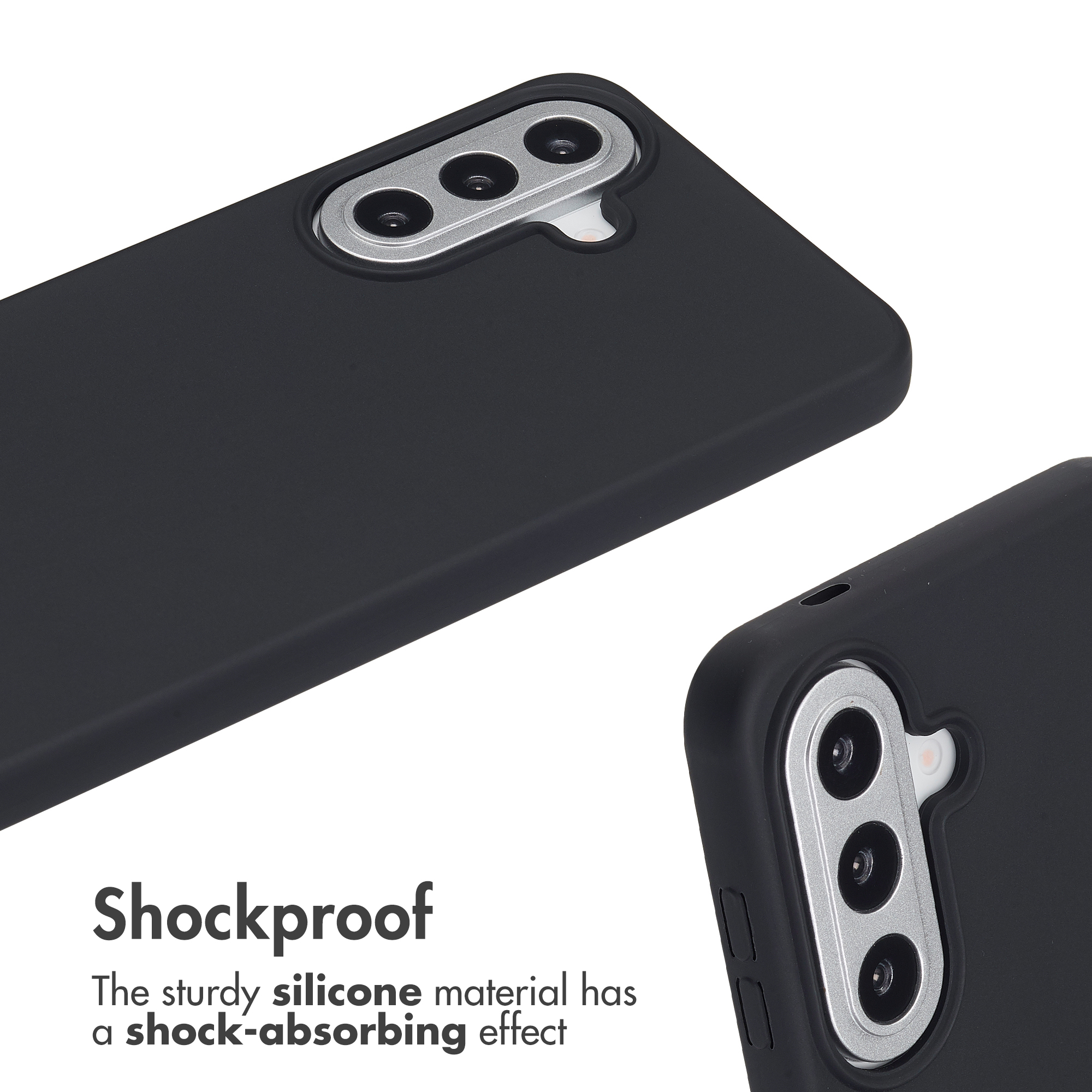 Eine matte, schwarze Smartphone-Hülle mit einem silbernen Kameraausschnitt und der Aufschrift Shockproof.