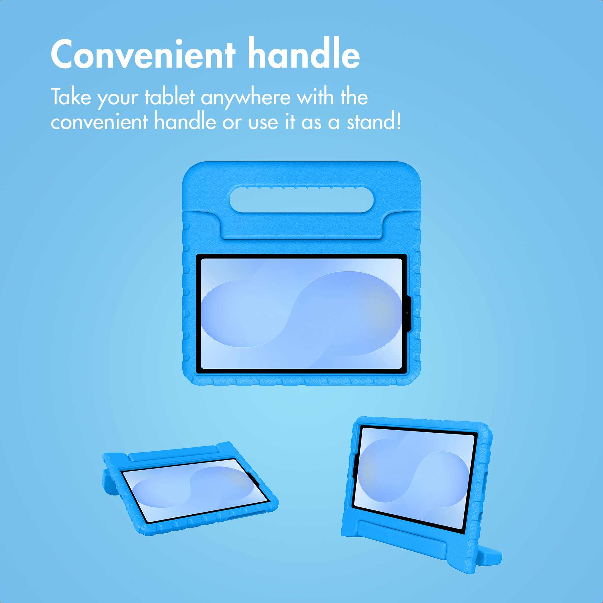 Une coque de tablette bleue avec poignée et fonction support sur fond bleu.