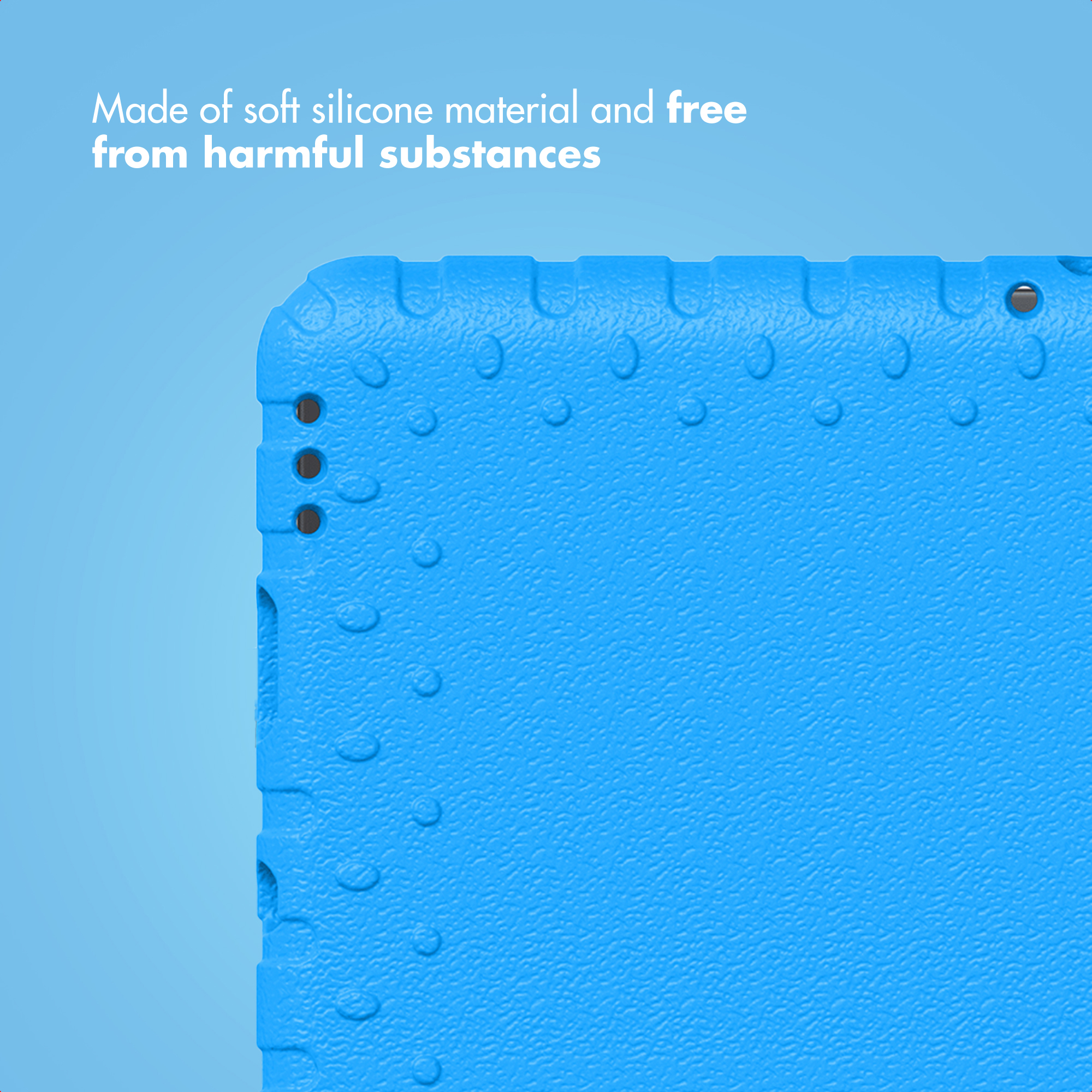 Étui de tablette bleu en silicone souple texturé, sans substances nocives.