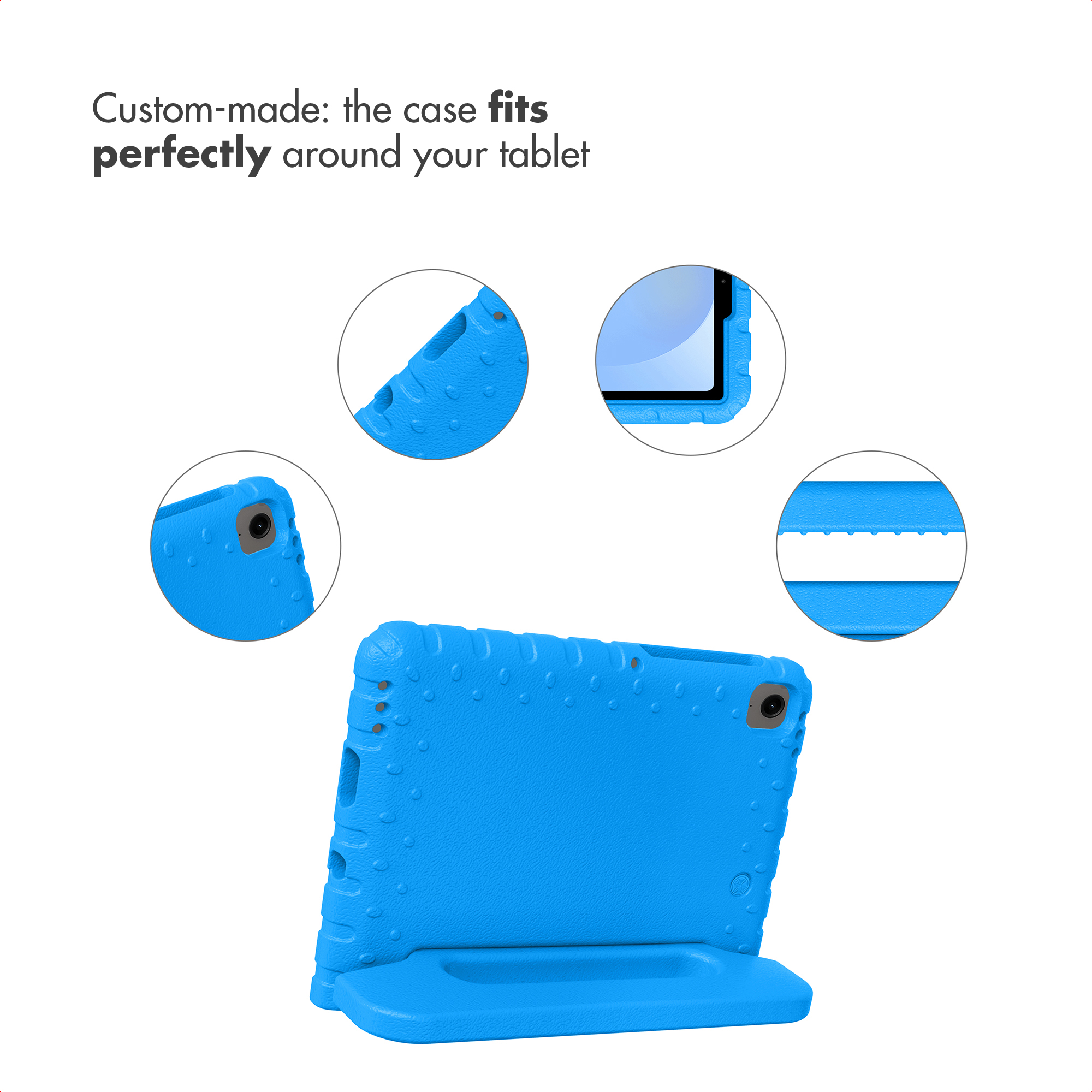 Étui de tablette en silicone bleu avec support intégré et cercles de détails.