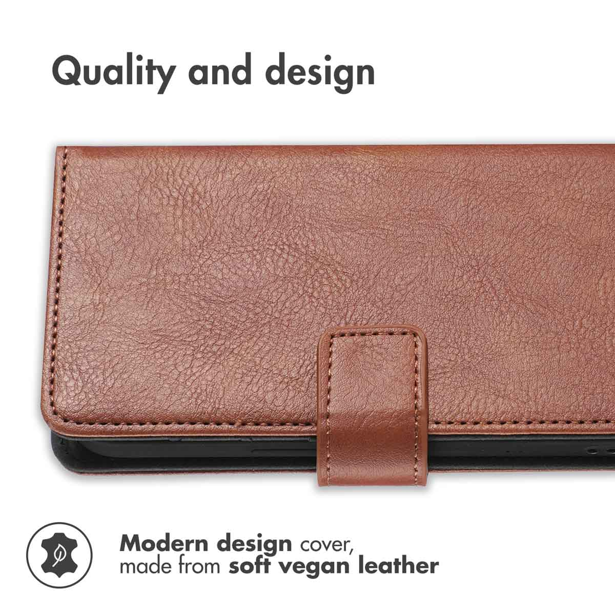 Étui de téléphone en cuir végétalien marron avec fermeture magnétique.