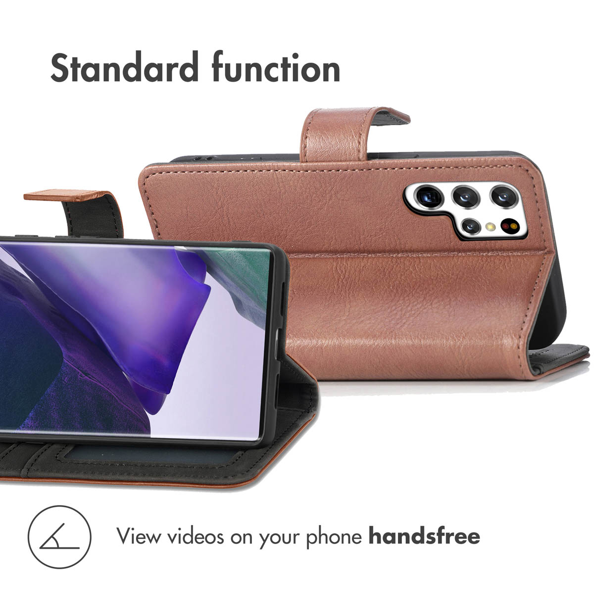 Étui portefeuille en cuir marron pour smartphone avec plusieurs objectifs et texte 'Standard function'.