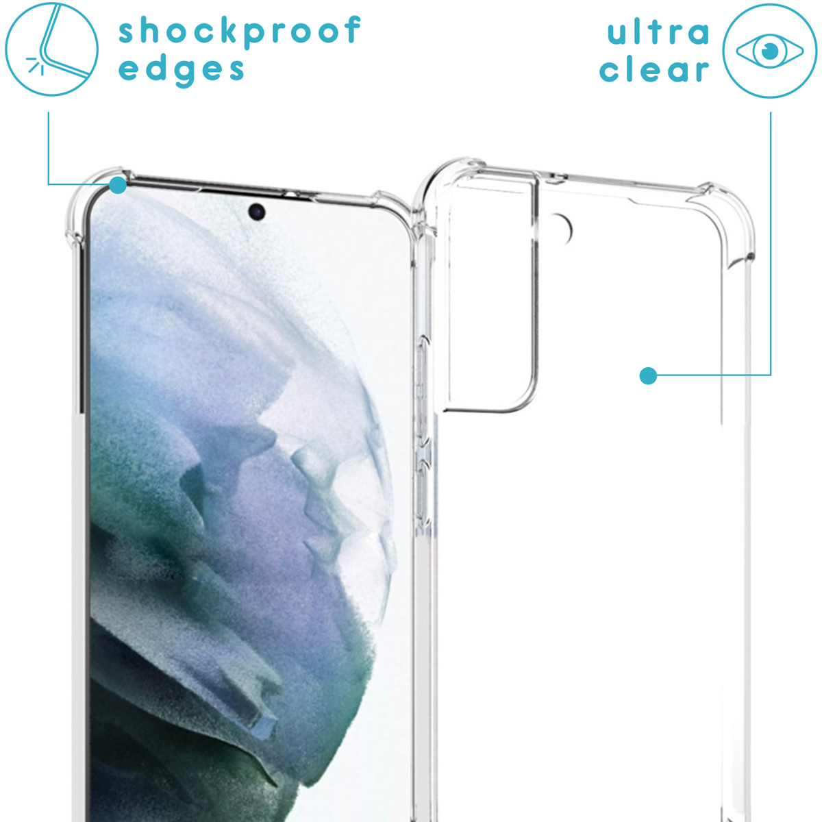 Coque de téléphone transparente avec bords antichoc sur fond blanc.