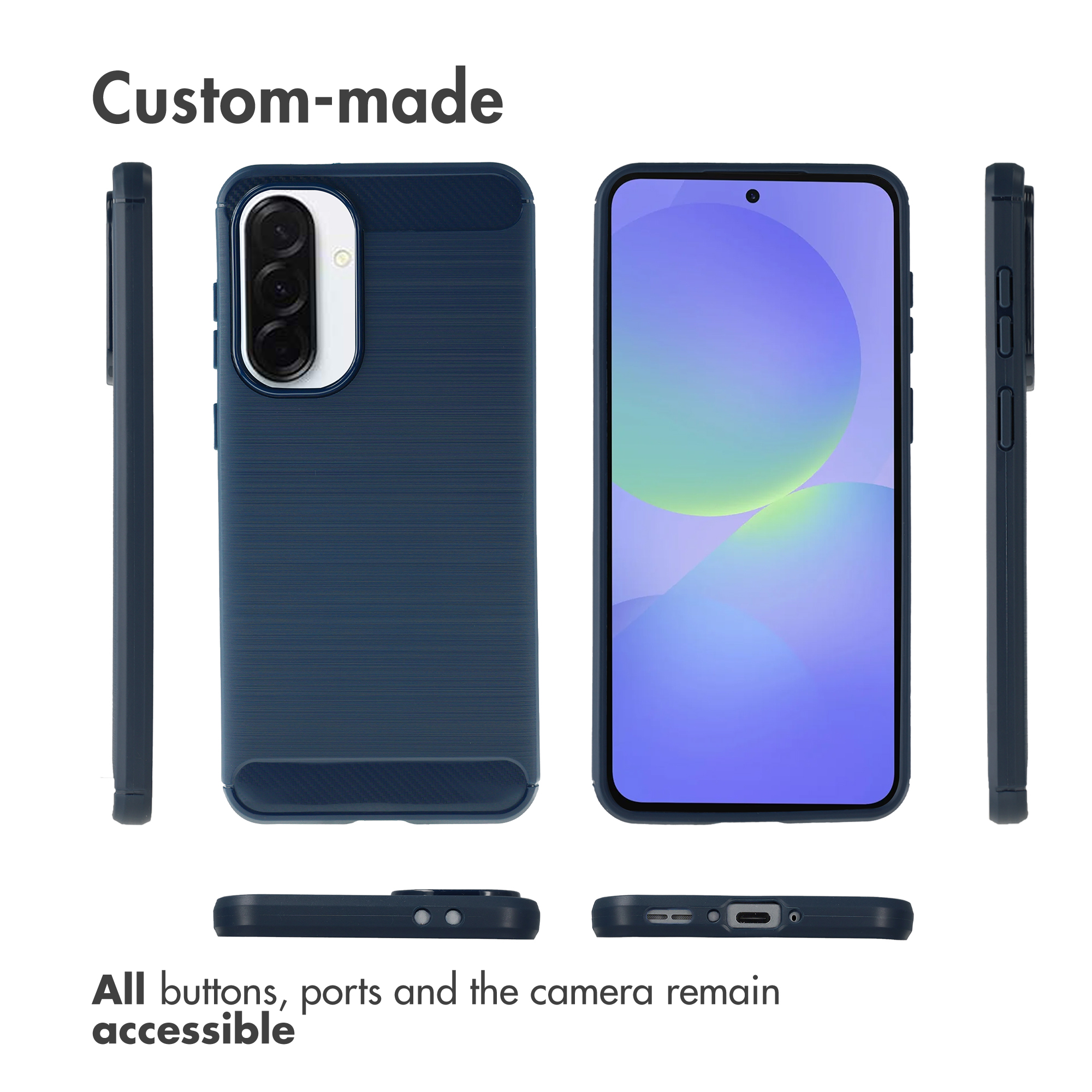 Custodia per smartphone blu su misura mostrata da più angolazioni con pulsanti e porte accessibili.