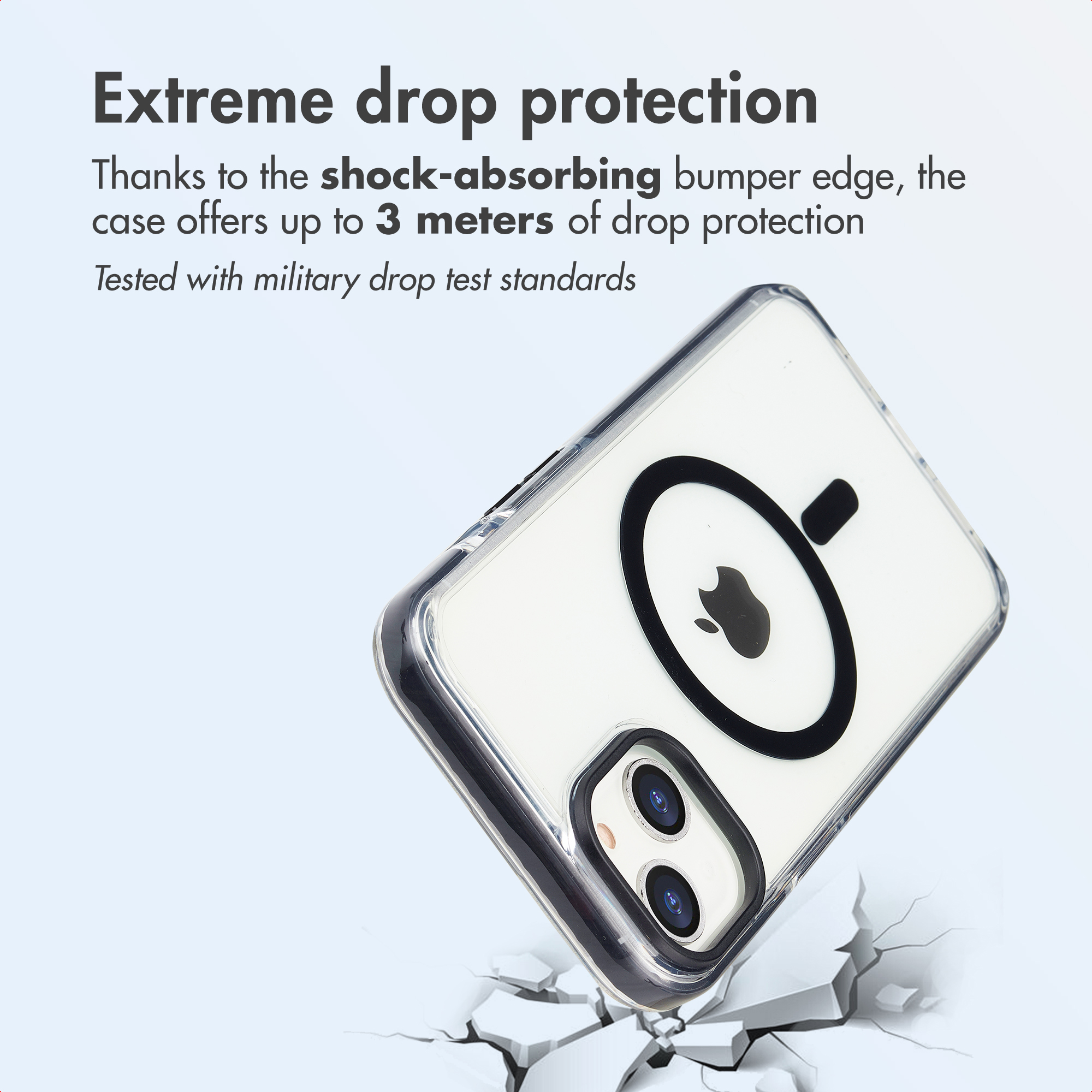 Funda transparente con MagSafe sobre suelo agrietado y texto sobre protección.