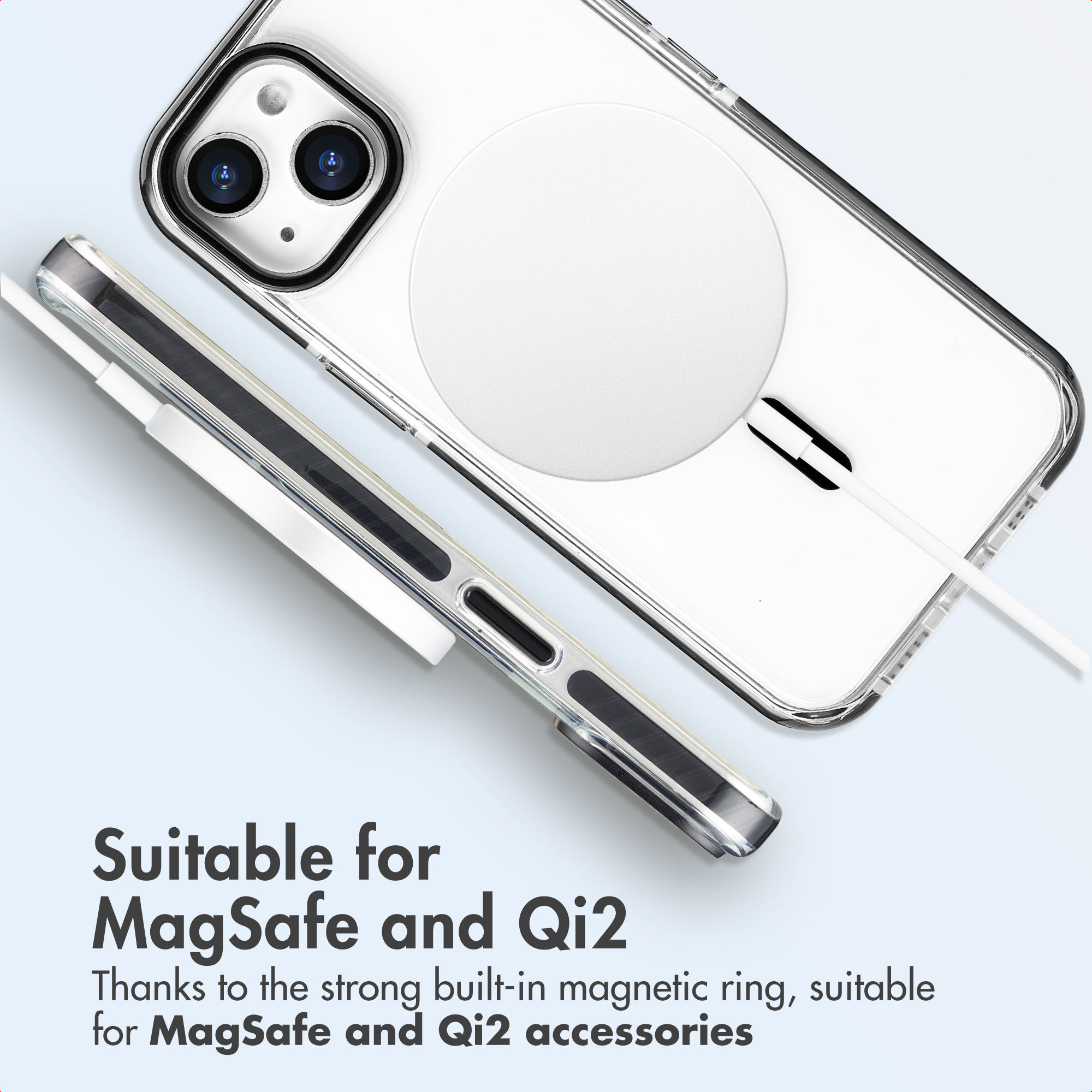 Funda de teléfono transparente con anillo magnético MagSafe sobre fondo claro.