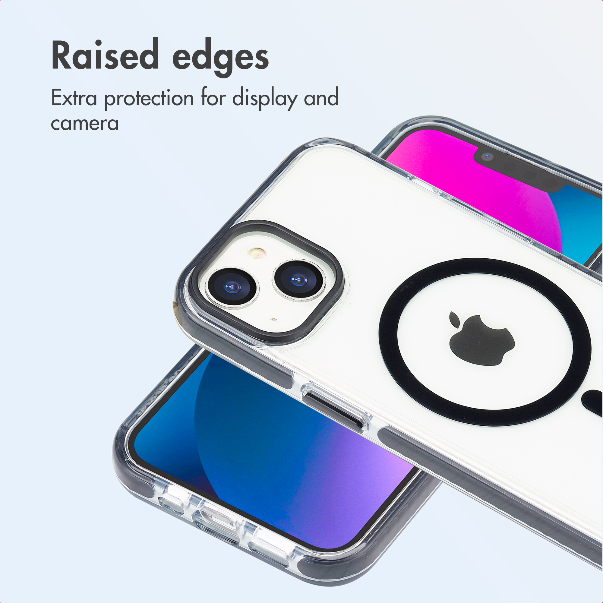 Dos iPhones en fundas transparentes con anillo MagSafe y texto sobre bordes elevados.