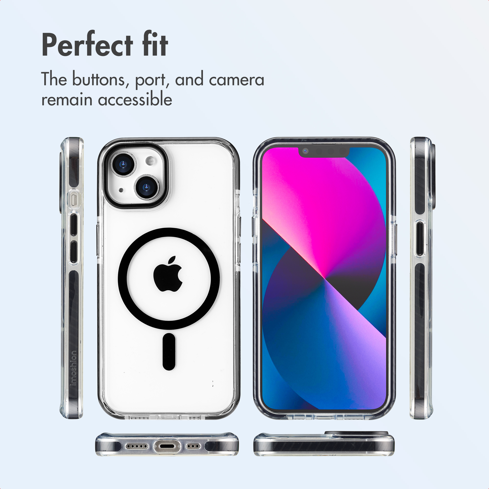 Varias vistas de una funda protectora transparente para un smartphone con función MagSafe.