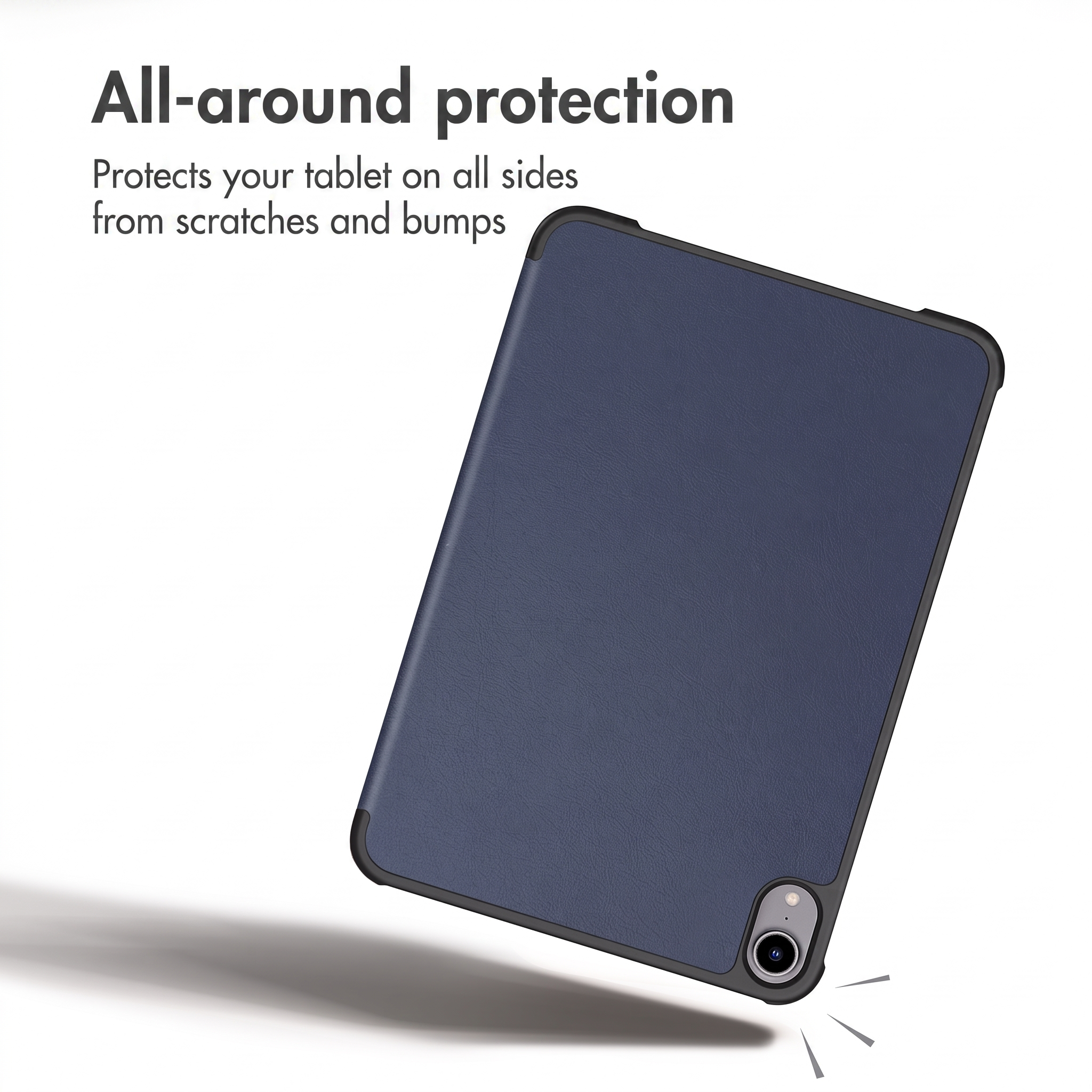 Custodia blu per tablet con protezione e ritaglio per fotocamera su sfondo bianco.