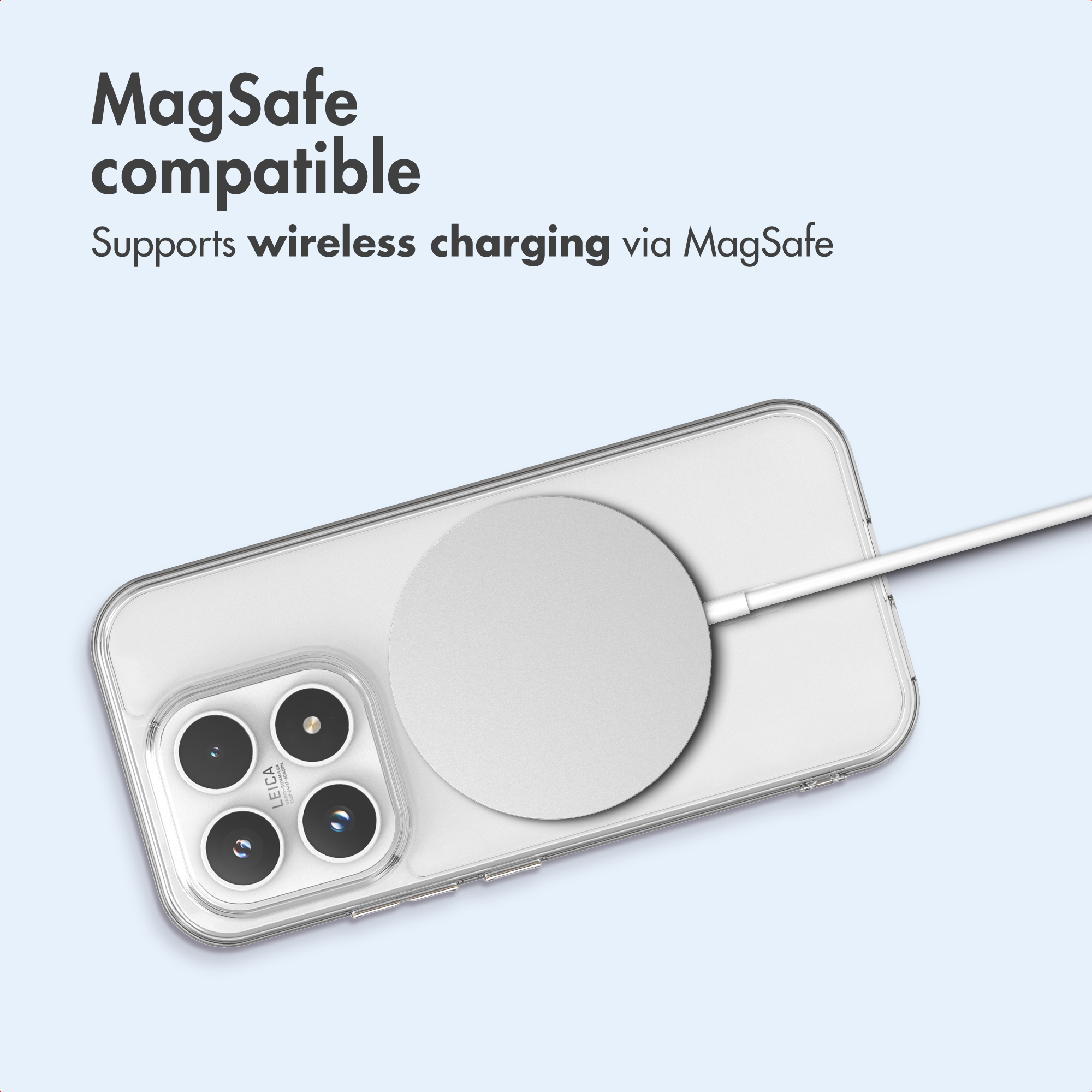 Un smartphone en una funda transparente con un cargador MagSafe sobre fondo azul claro y texto.