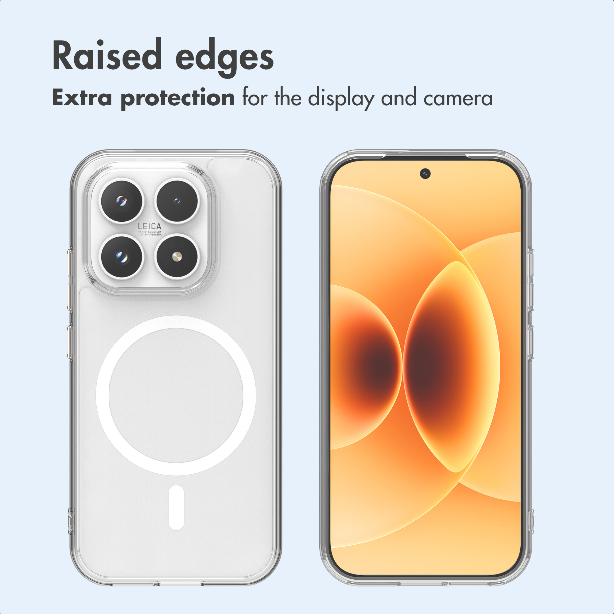 Funda de móvil con bordes elevados para mayor protección de pantalla y cámara.