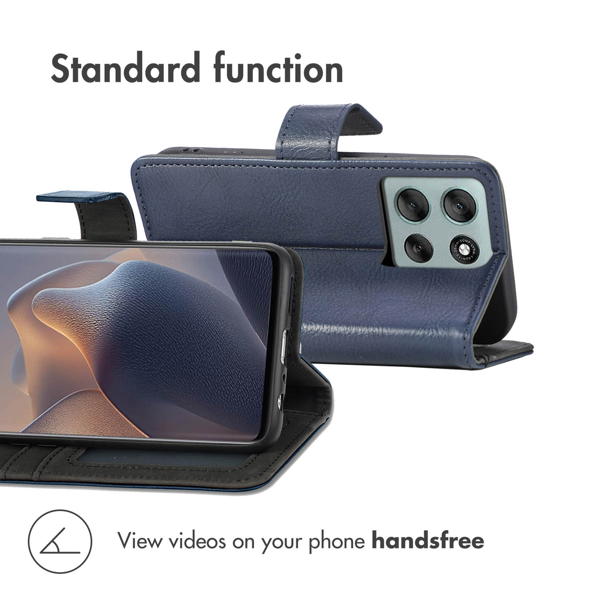 Una custodia in pelle blu per telefono in posizione orizzontale, con schermo astratto e modulo fotocamera.