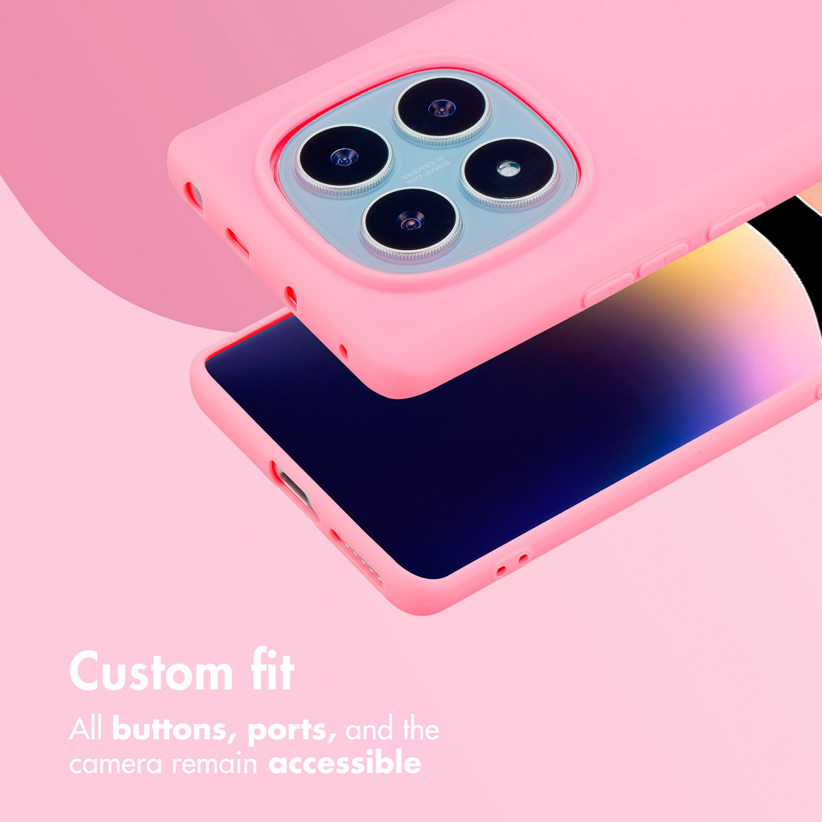 Smartphone rosa en una funda rosa brillante con cámara cuádruple.