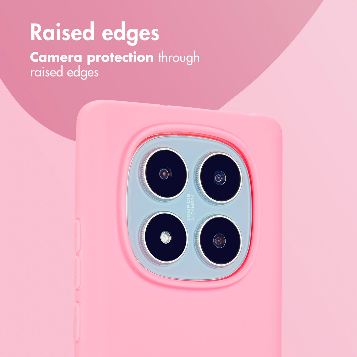 Fundas para móvil rosas con bordes elevados que protegen un módulo de cámara cuadrado.