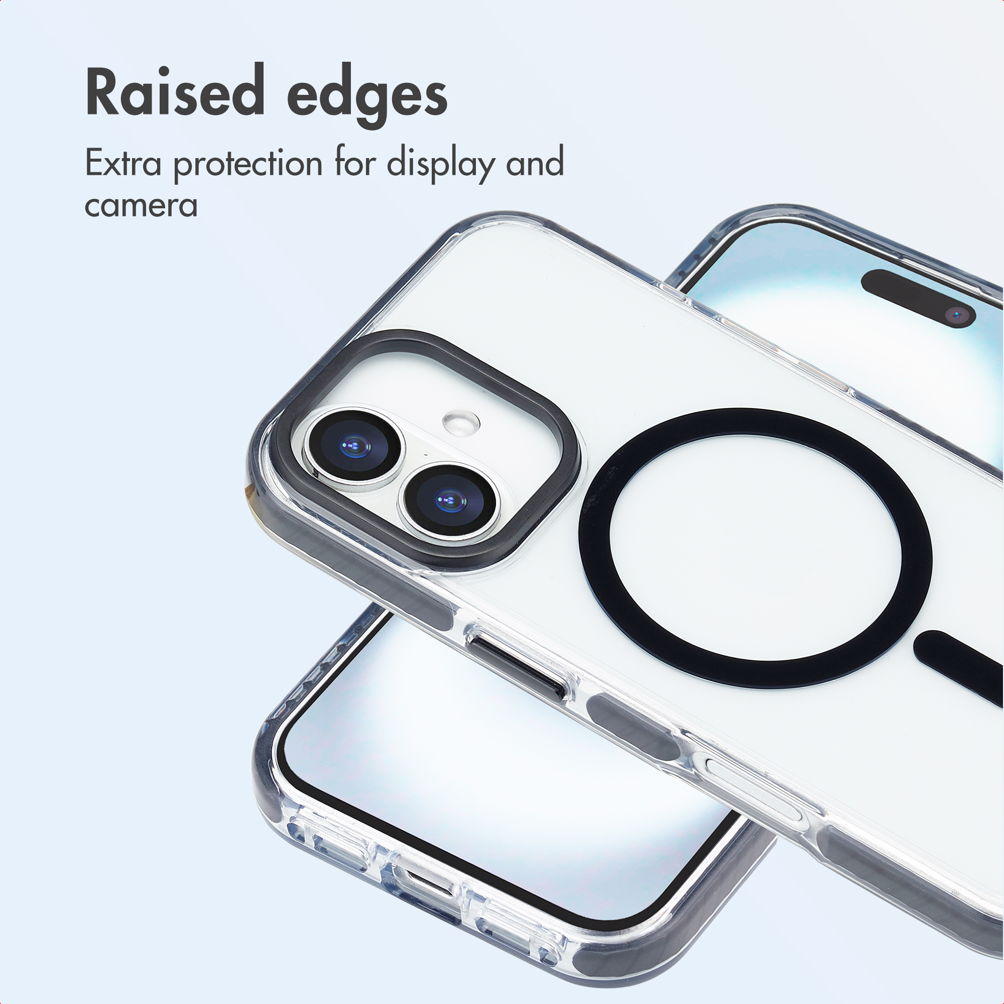 Custodia trasparente con bordi rialzati per proteggere schermo e fotocamera, con anello MagSafe.