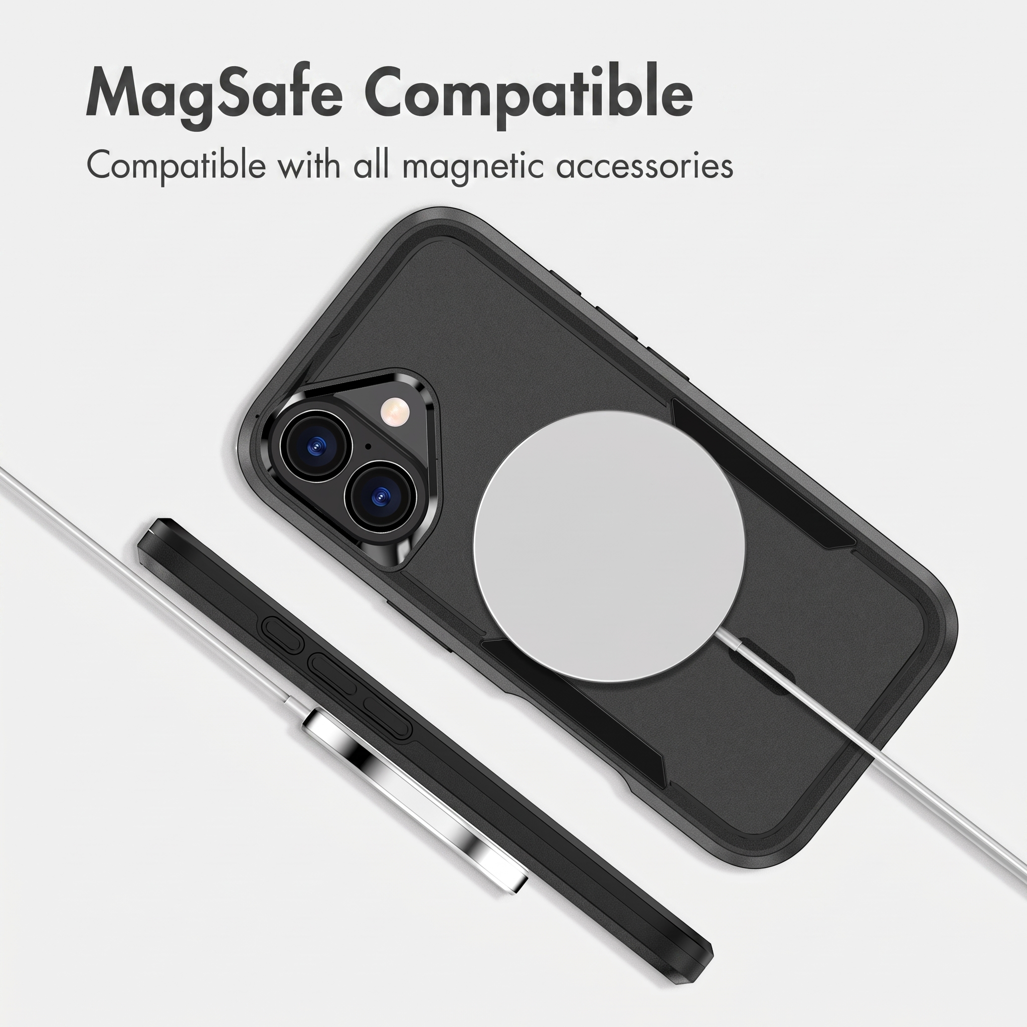 Fundión protectora negra compatible con MagSafe con base de carga magnética circular.