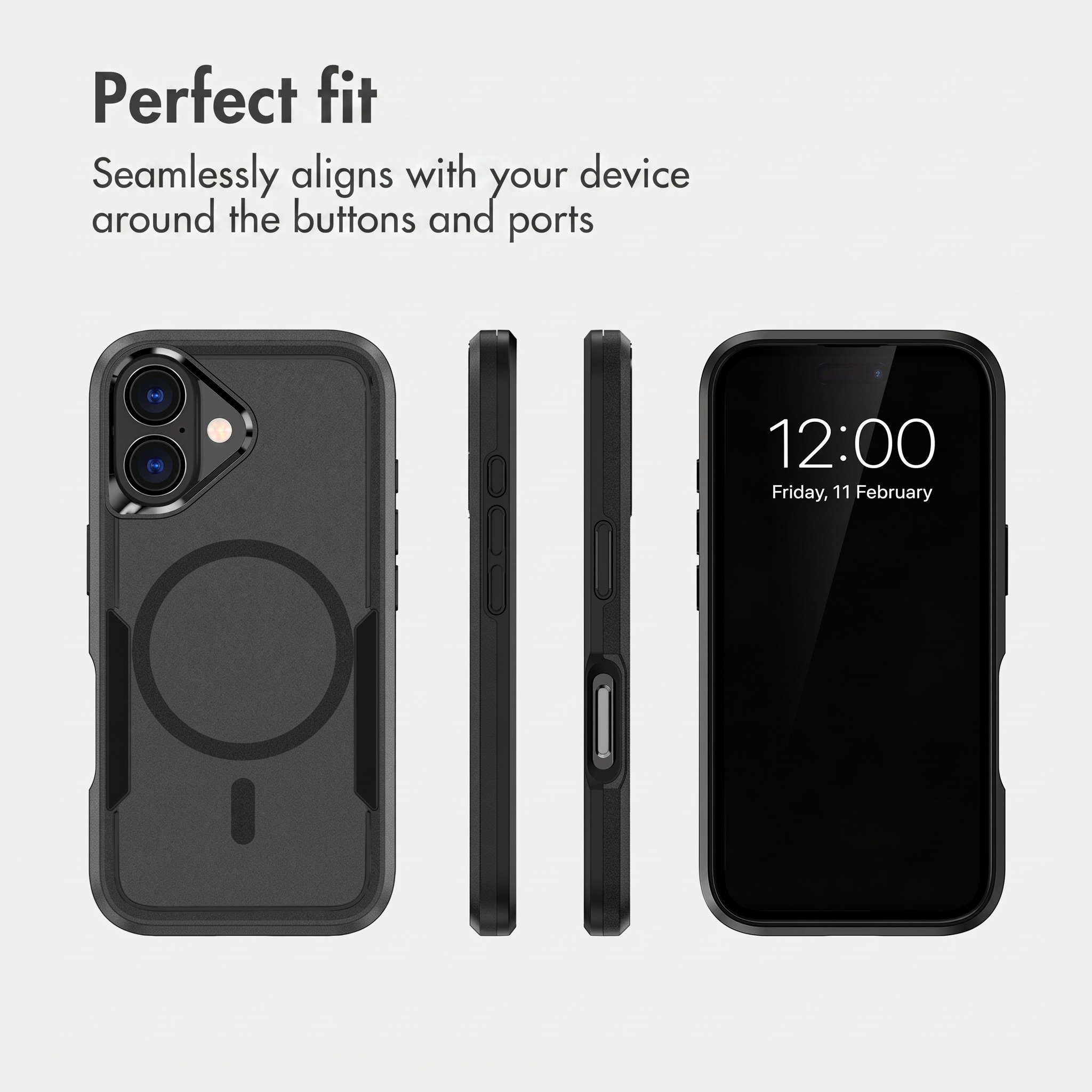 Funda de móvil negra mostrada desde varios ángulos con anillo magnético y recortes.