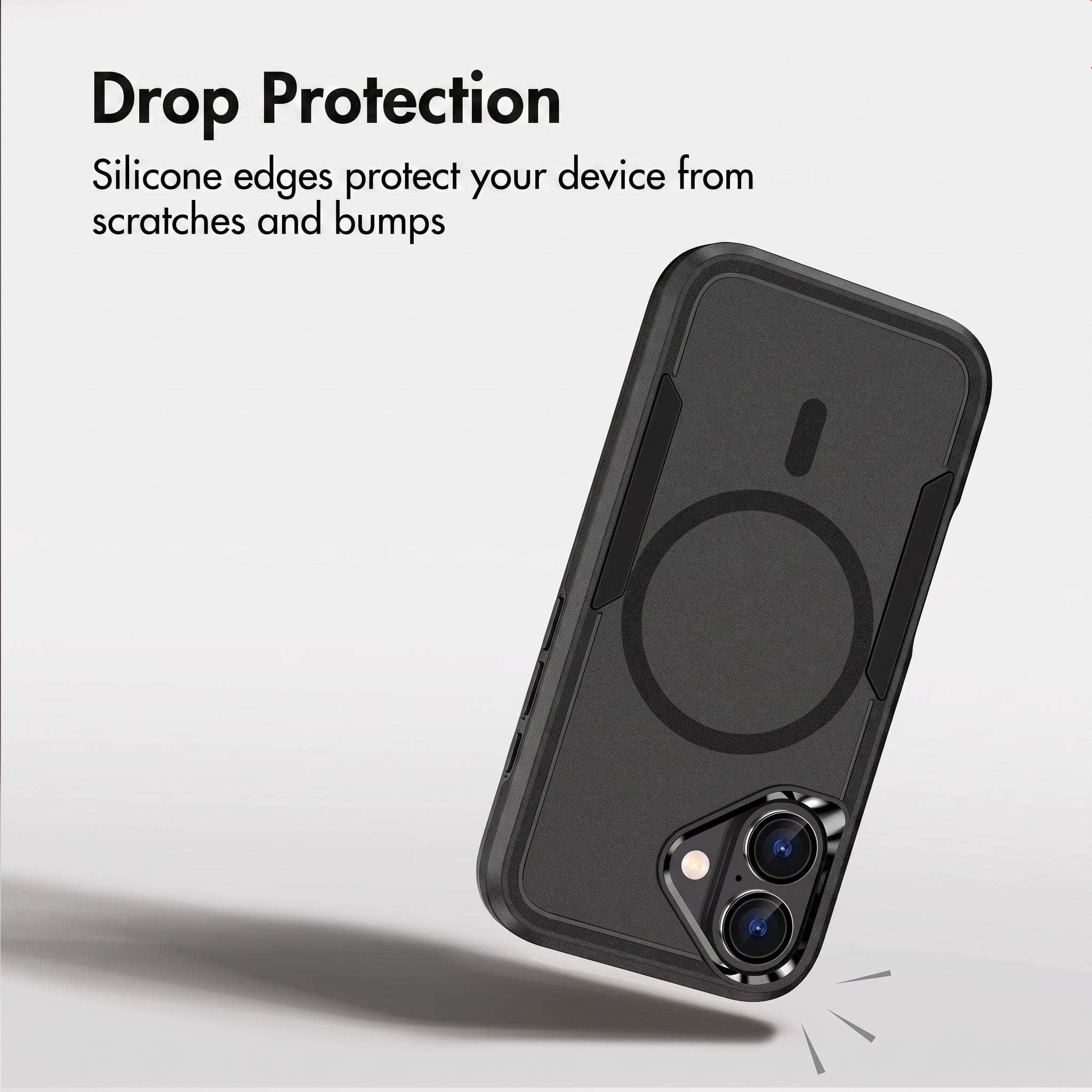 Una funda de smartphone negra sobre fondo blanco con texto sobre protección anticaídas.