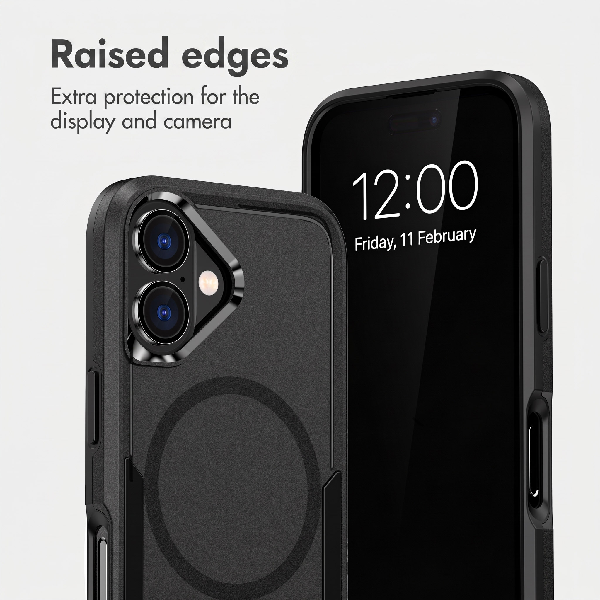 Bordes elevados ofrecen protección extra para pantalla y cámara. Funda negra.